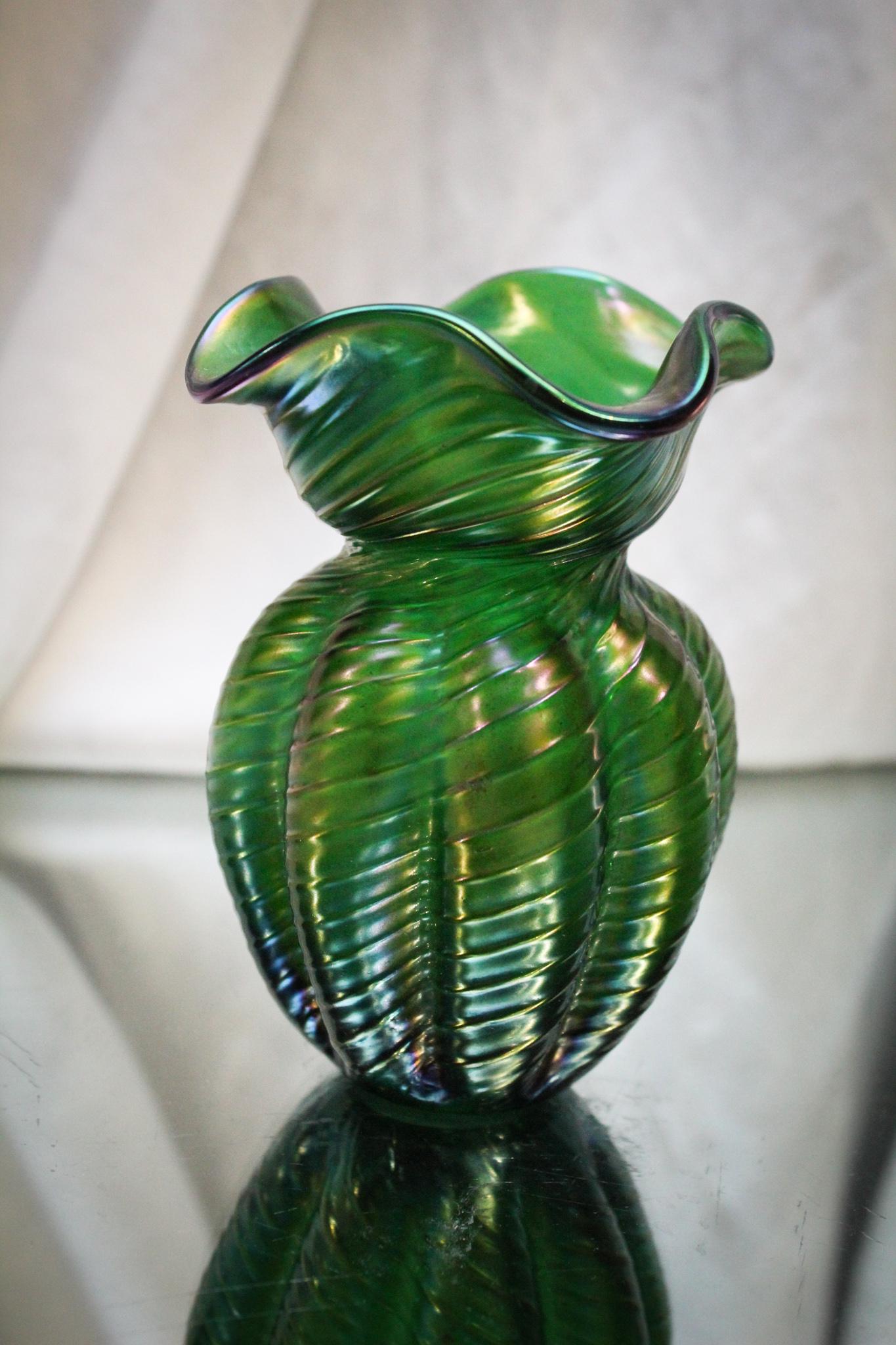 Austrian Art Glass Green Irridescent Vase (1 of 4)