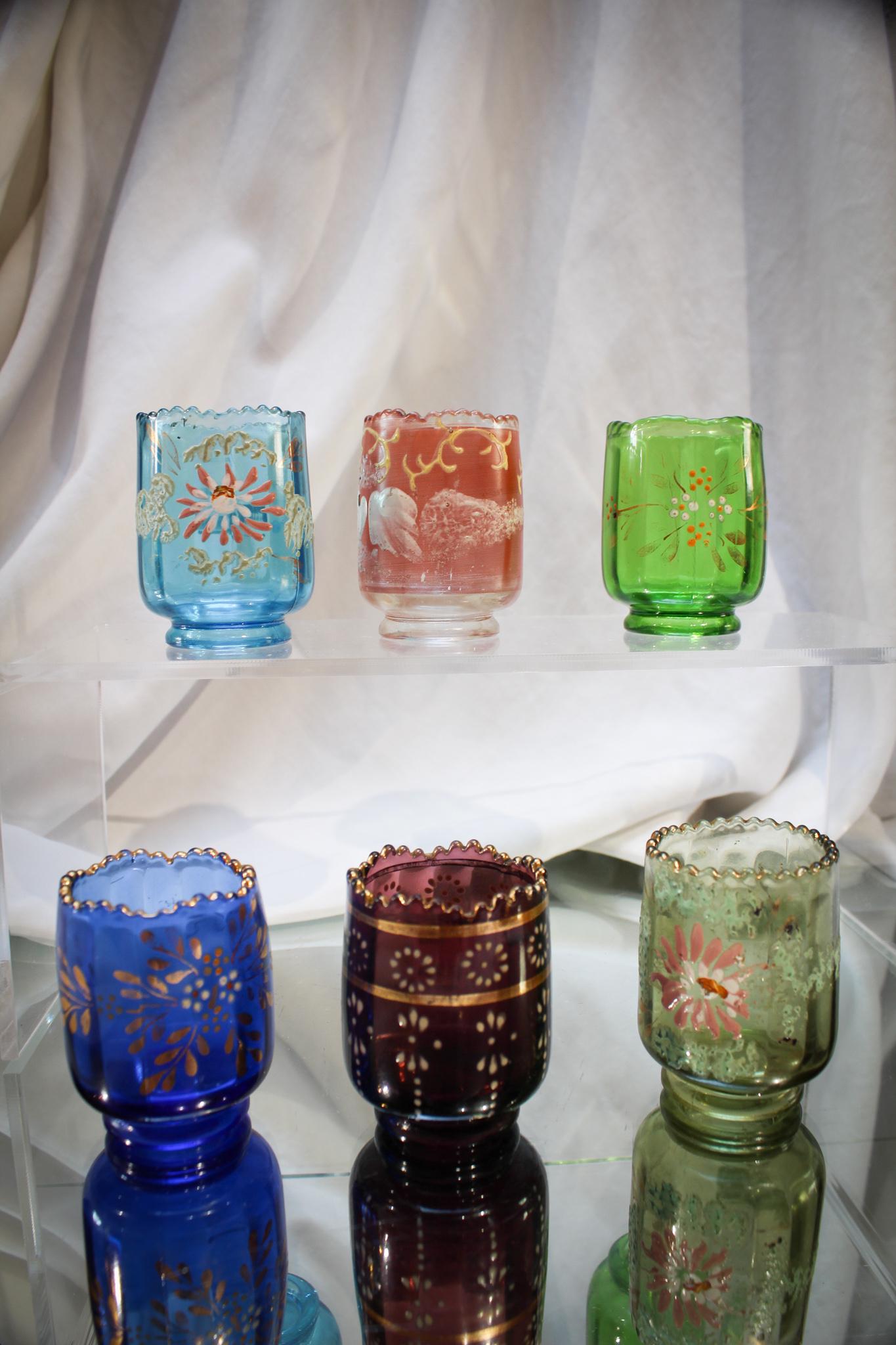 6 pc. Lot Happy Family Jefferson Toothpick Holders: Not only at your Chinese restaurant, but here folks too! We have a 6 piece lot of Happy Family Jefferson Optic Victorian toothpick holders in a wide array of colors and decors. So eat your chow mein a