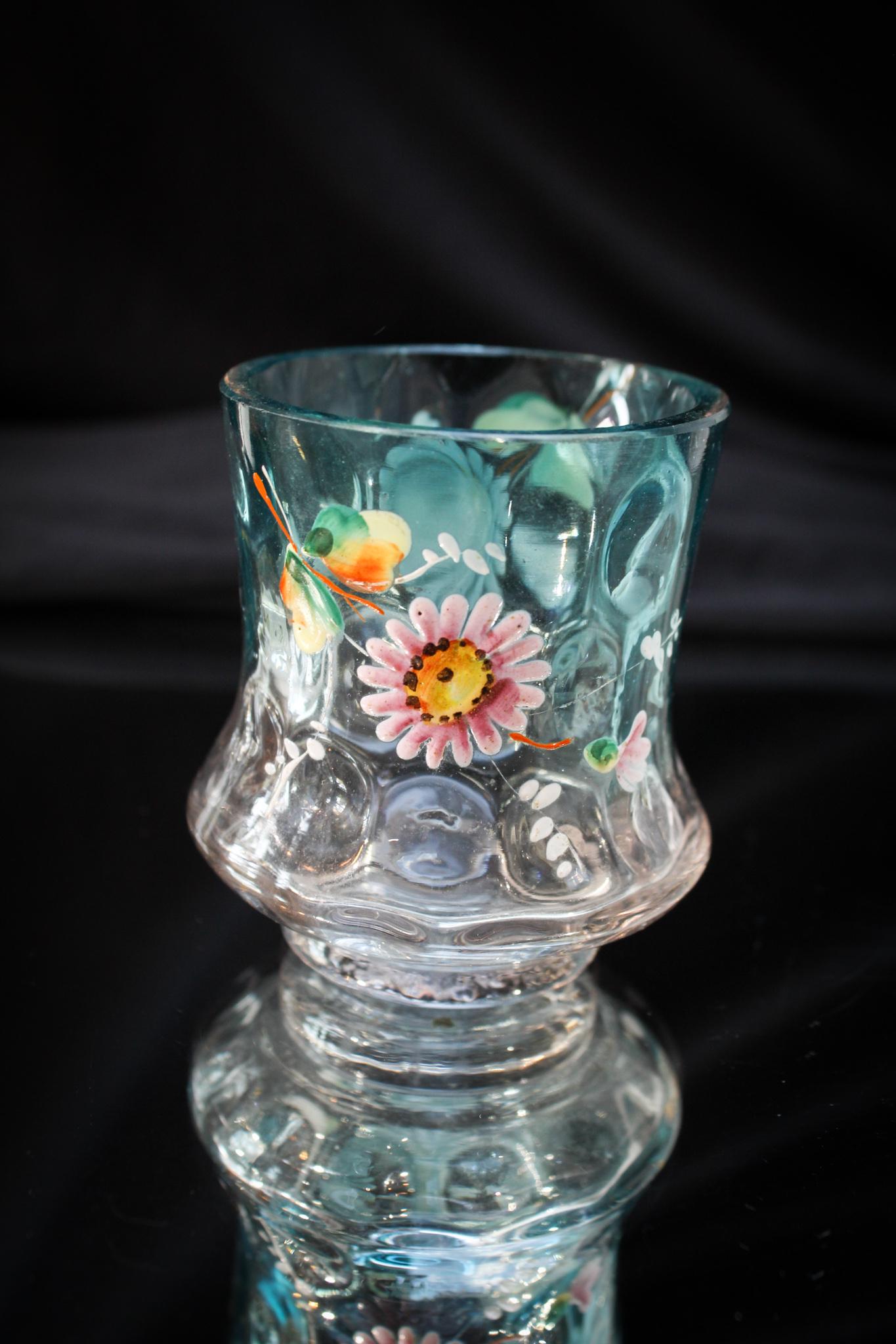 Victorian Bluerina Enameled Bulge Base Toothpick Holder: What a lovely this one is. This Victorian bluerina colored enamel decorated toothpick is a super example. It measures 2 1/2" tall.