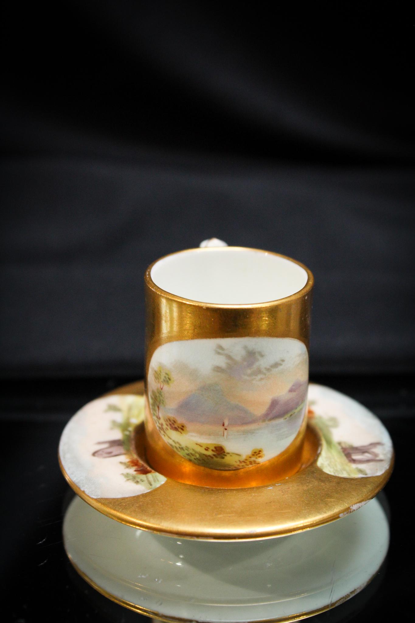 Coalport hand Painted Porcelain Miniature Cup & Saucer Lake Scene (1 of 7)