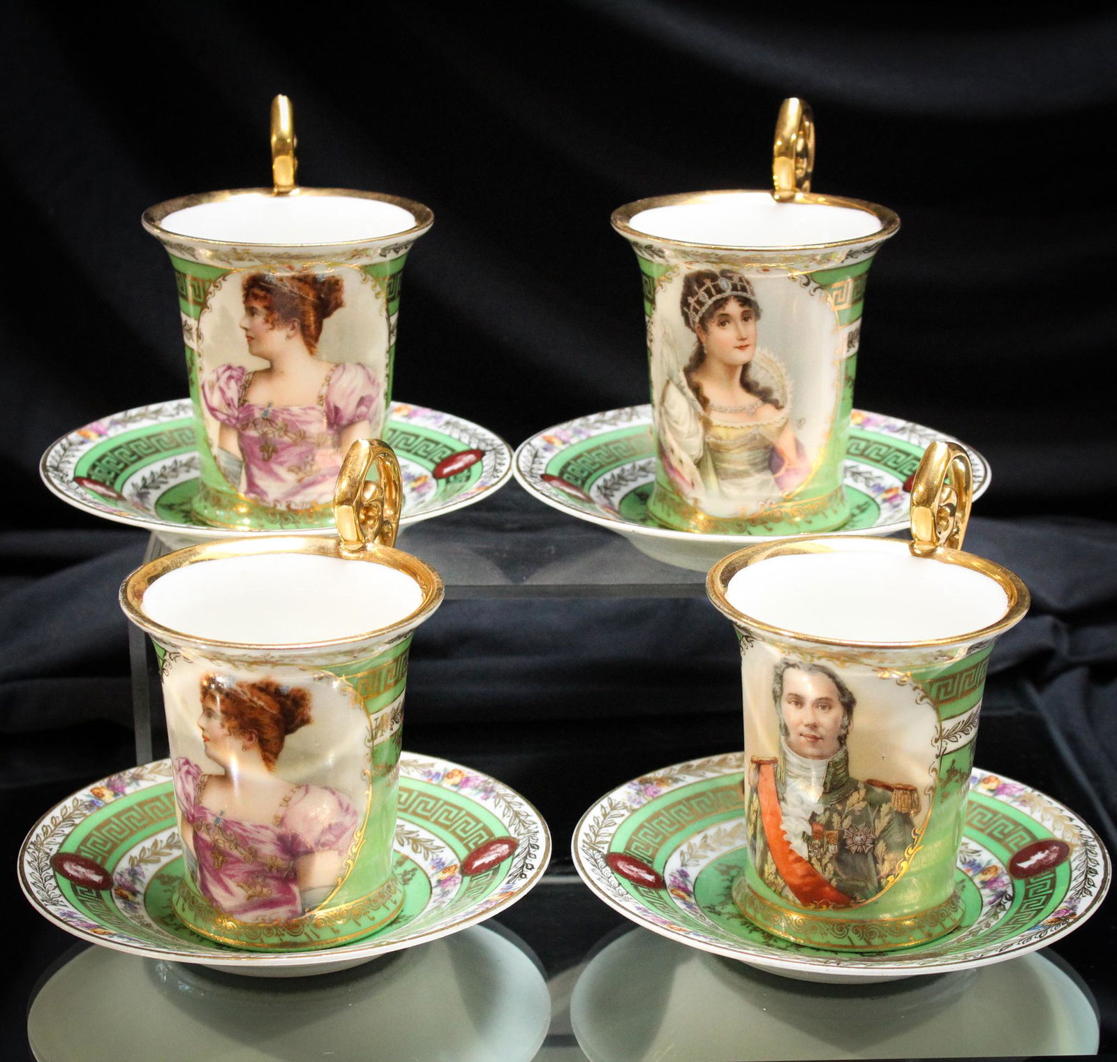 4 pc. Lot Austrian Green & Gold Portrait Cup & Saucers (1 of 11)