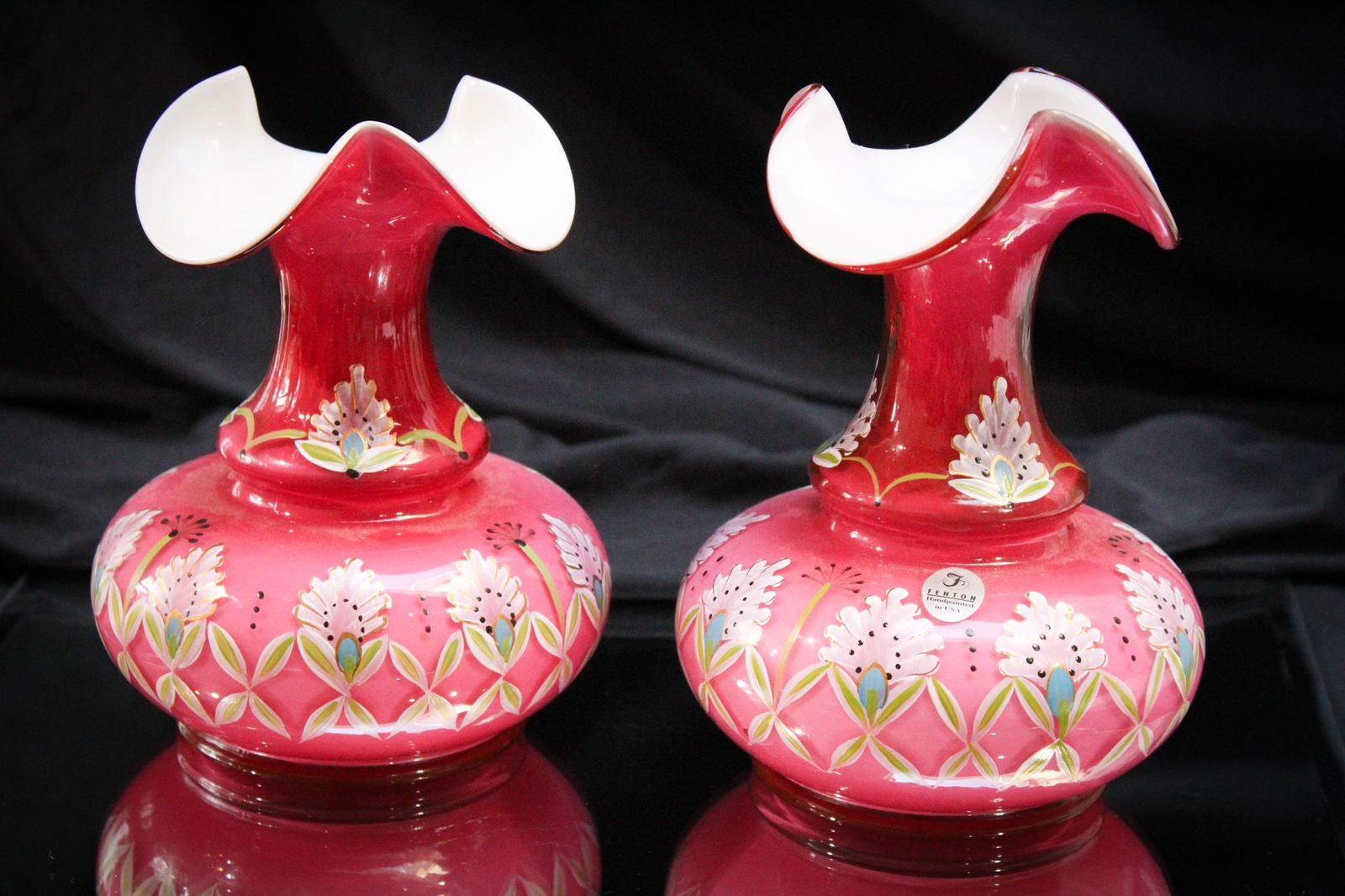 Pair Limited Edition Fenton Pink Cased Hand Painted Vases (1 of 4)