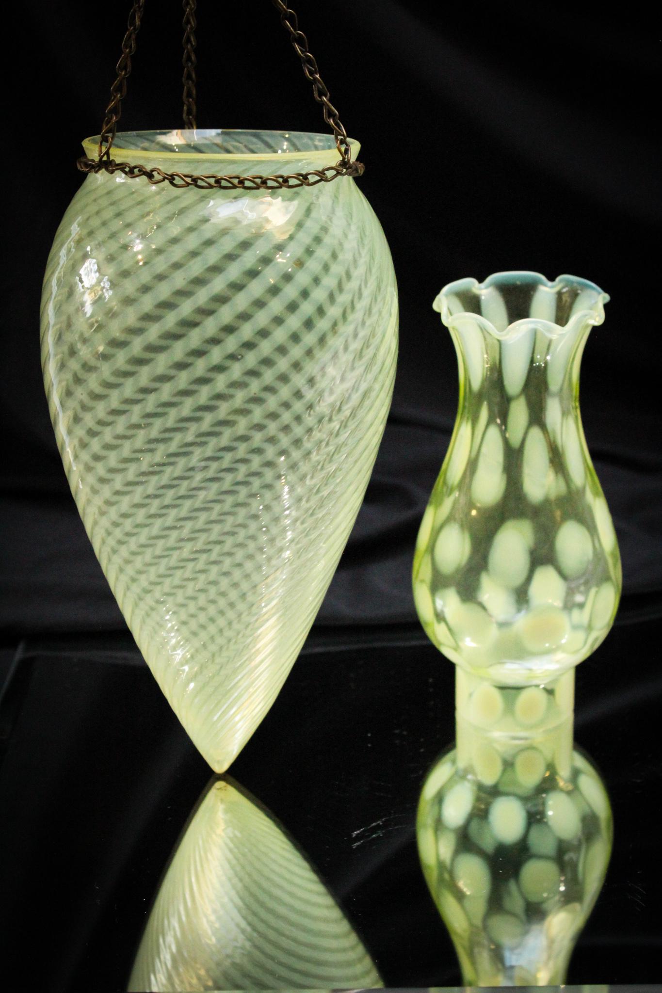 2 pc. Lot Fenton & Victorian Opalescent Shades: Take a moment to look over these beauties of Fenton and Victorian opalescent vaseline glass.