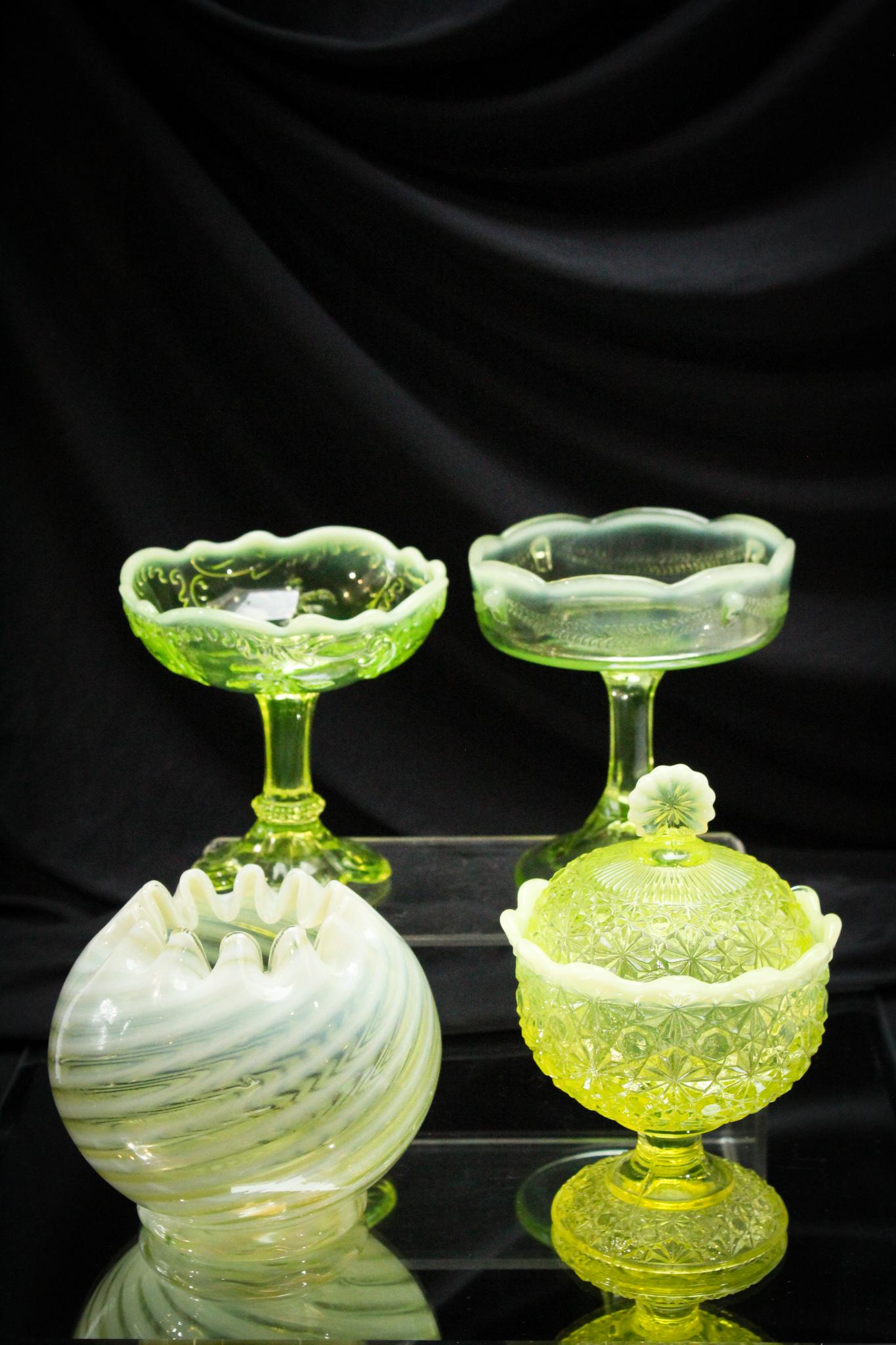 4 pc. Lot Victorian & More Vaseline Northwood Fenton: We have the best selections don't we? But of course we do. This magnificent lot features four pieces of vaseline opalescent glass made by makers such as Northwood, Fenton, and Jefferson. Nice selectio