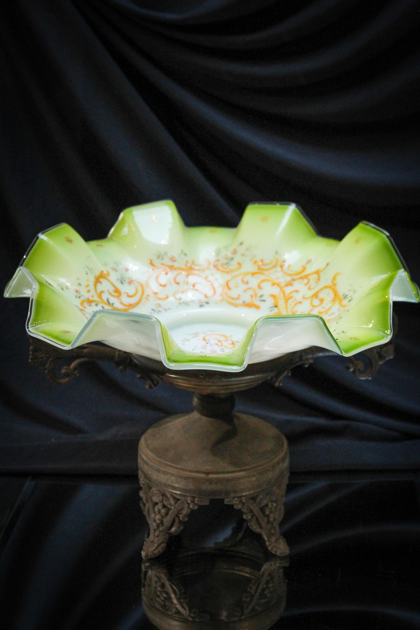 Victorian Silverplate Enameled  Glass Brides Bowl Basket (1 of 8)