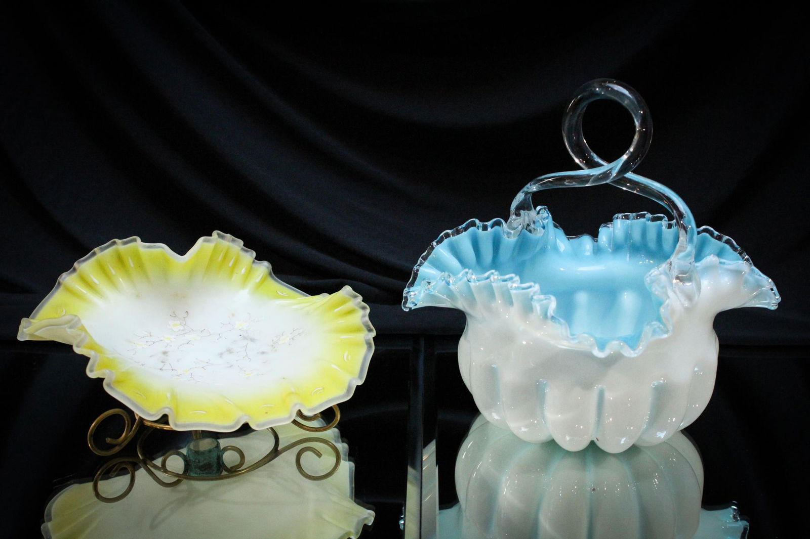 2 pc. Lot Victorian Art Glass Calling Card Tray & Basket (1 of 6)