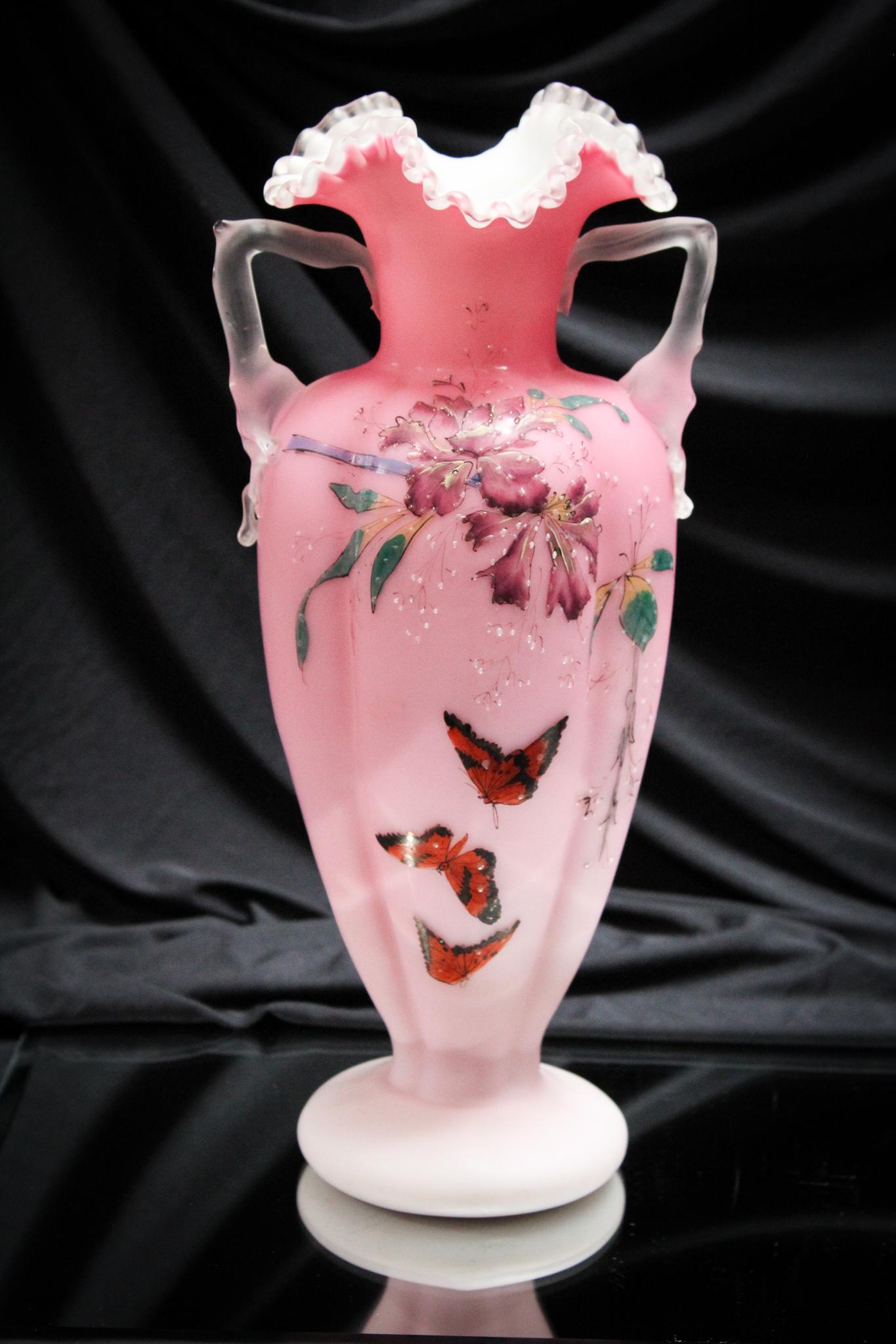 Huge 13 1/2" Victorian Satin Glass Butterfly Vase w/ Handles (1 of 5)