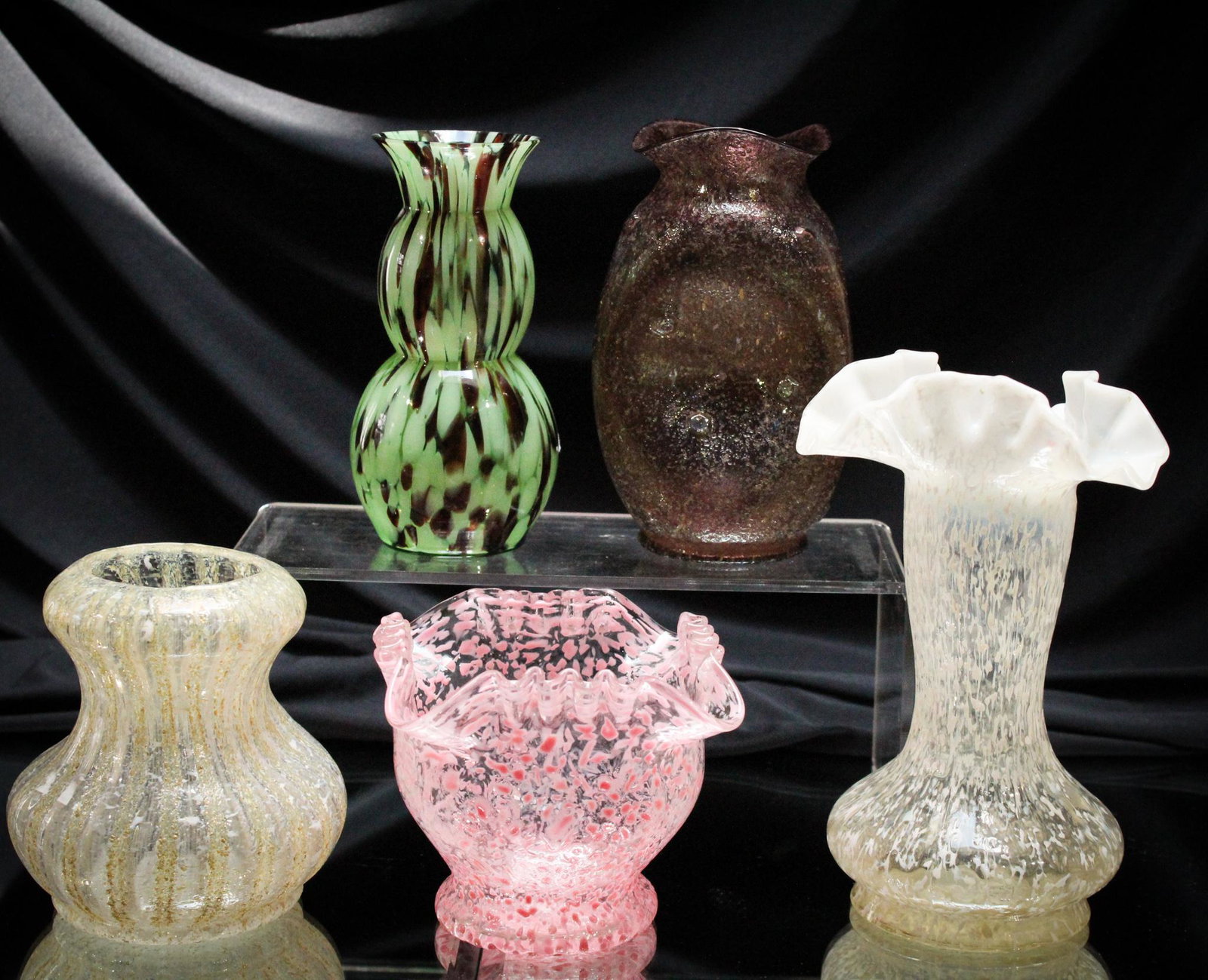 5 pc. Lot Dugan Frit Glass & More: What is not to like about this unusual type of glass Dugan made? They perfected this treatment and used it on an array of glass forms. This lot is comprised of 4 examples of Dugan frit and one Czech g