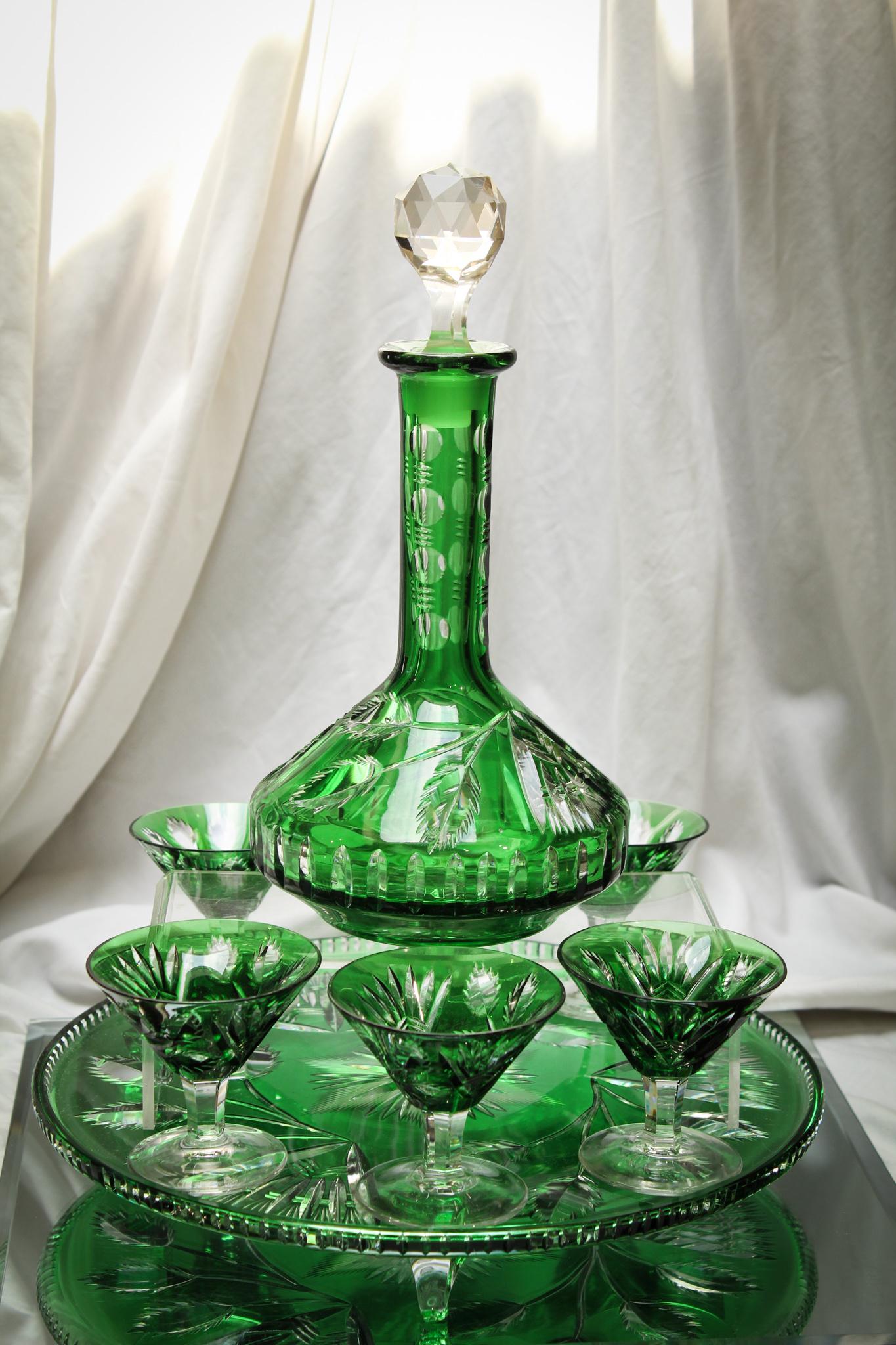 Fantastic Polish Bohemian Green Cut Overlay Decanter Set (1 of 12)