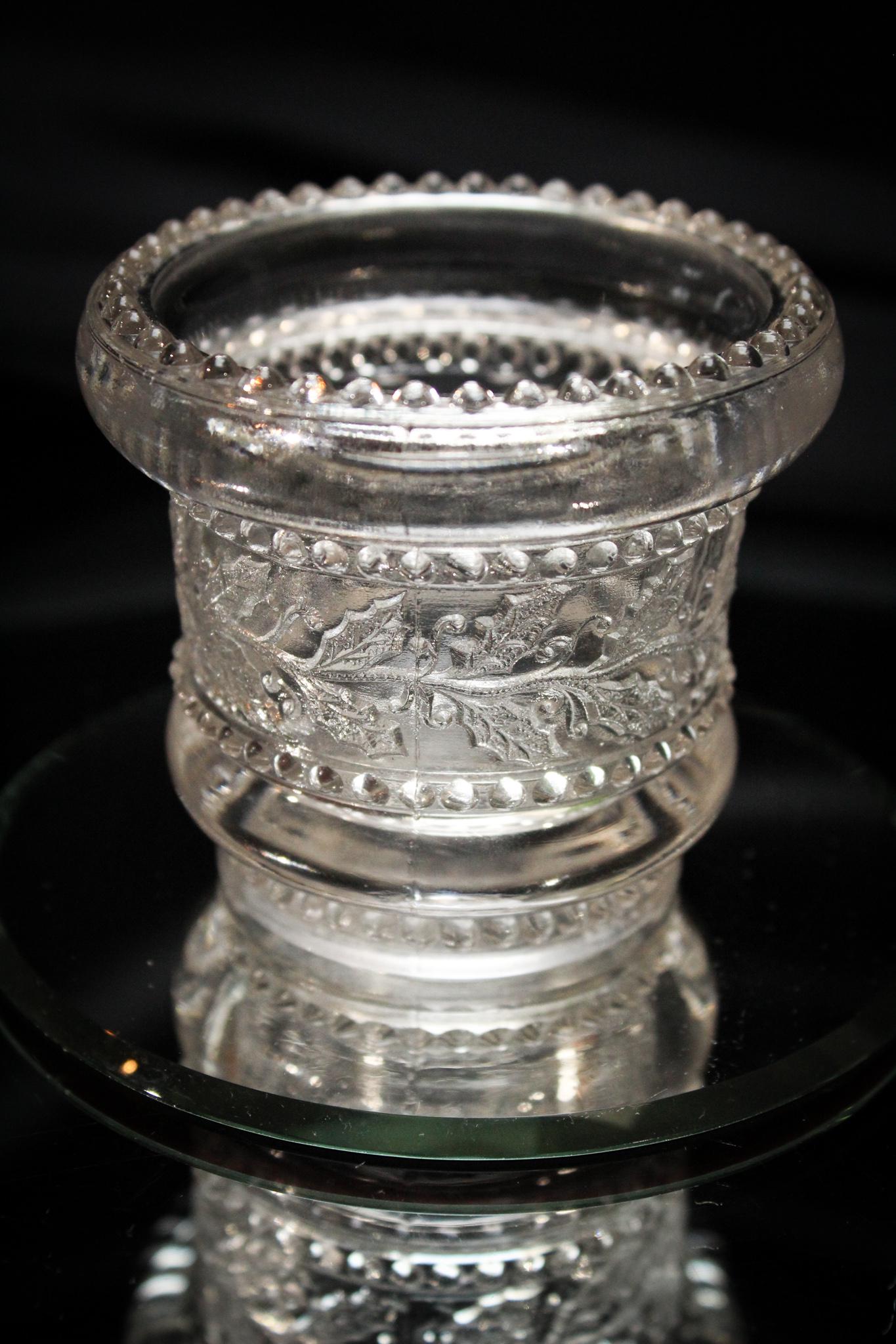 Greentown Victorian Glass Clear Holly Toothpick Holder: One you seldom see folks. Perfect example of Greentown Holly pattern in clear. So nice! Measures 2 1/2" tall.
