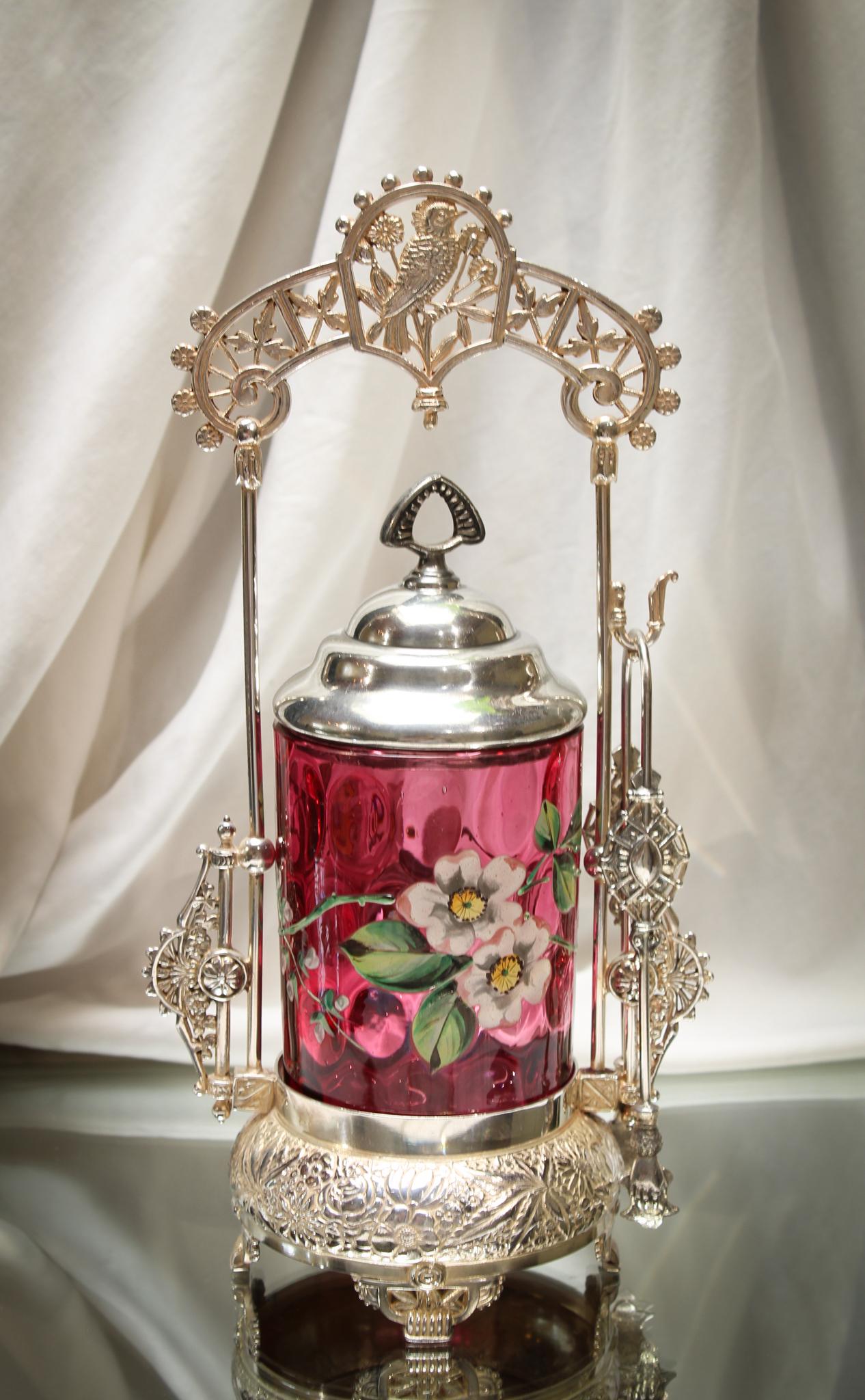 Victorian Cranberry Enameled Bird Meriden Pickle Castor (1 of 8)