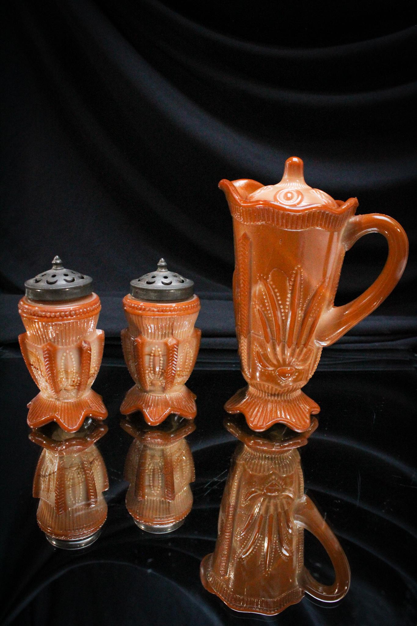 Greentown Chocolate Victorian Glass Cactus Creamer & shakers: Folks, we have paired together the creamer with a matched pair of shakers. Bid now on these lovelies and make them yours. Tallest measures 5 1/2".