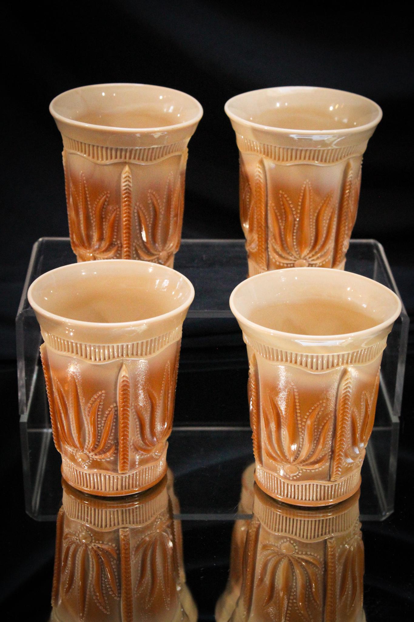 4 pc Lot Greentown Chocolate Victorian Glass Cactus Tumblers: Not much to say here folks. Four chocolate Cactus pattern Victorian tumblers. Each measures 4" tall.