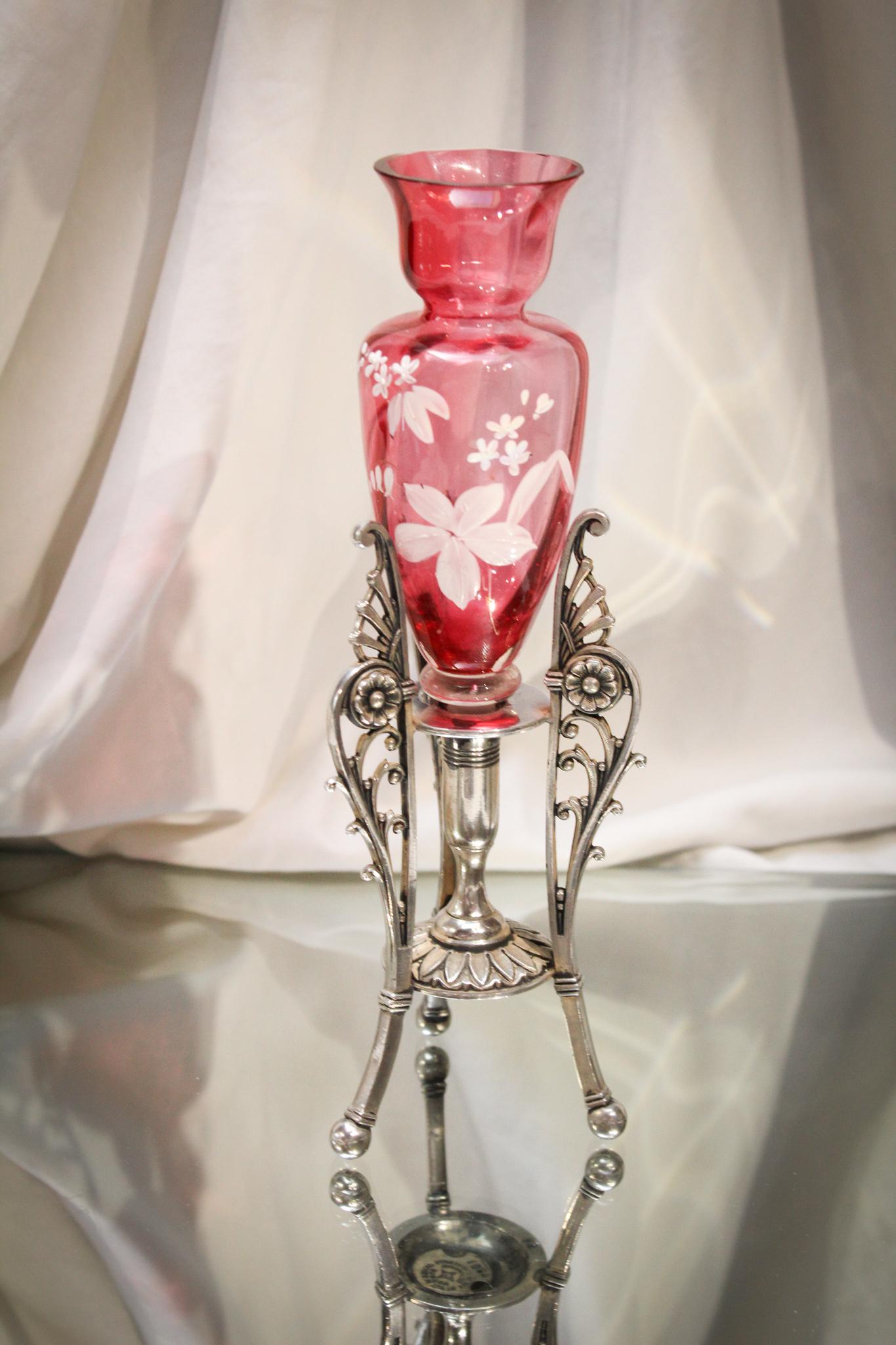 Victorian Cranberry Enameled Tufts Silverplate Cabinet Vase (1 of 6)