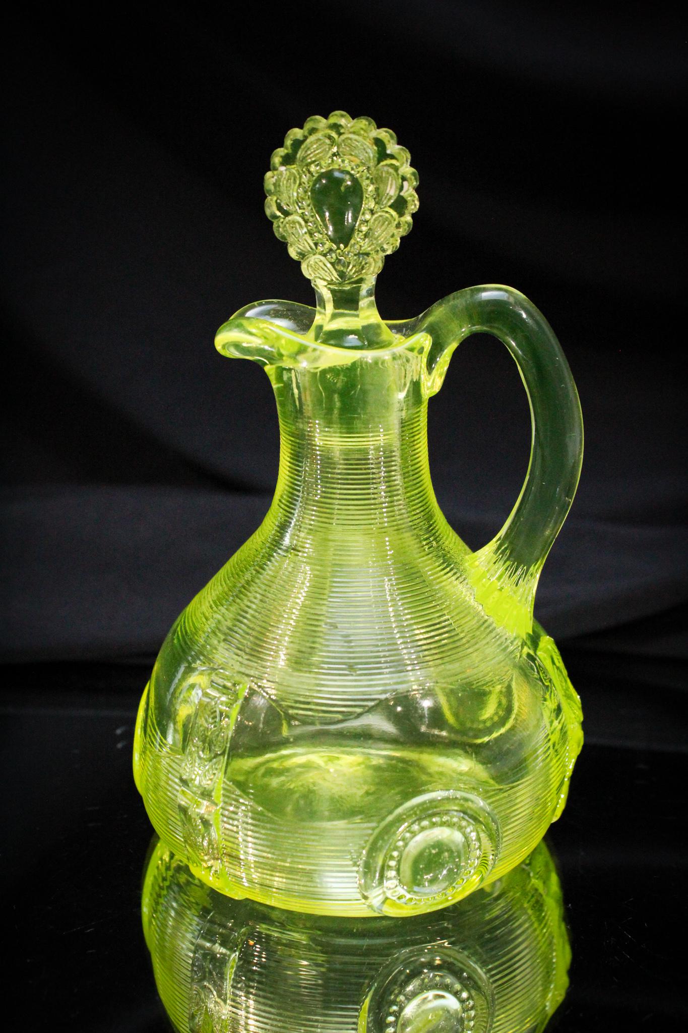 Greentown Victorian Vaseline Glass Dewey Cruet: Here you go. A vaseline Dewey pattern Victorian cruet with original stopper. Great lemon yellow vaseline. Measures 6".