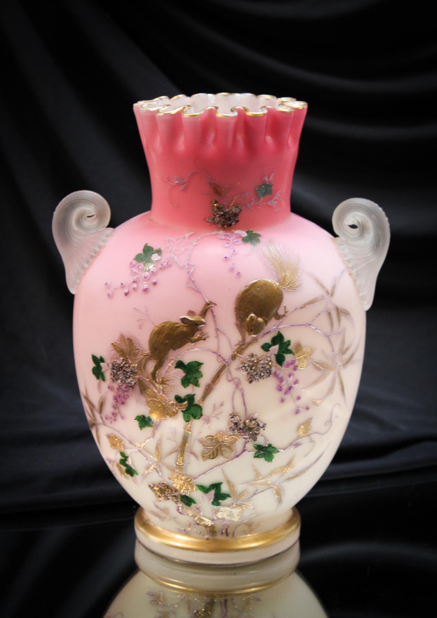 Victorian 10" Harrach Gilt & Enameled Victorian Glass Squirrels Vase (1 of 9)