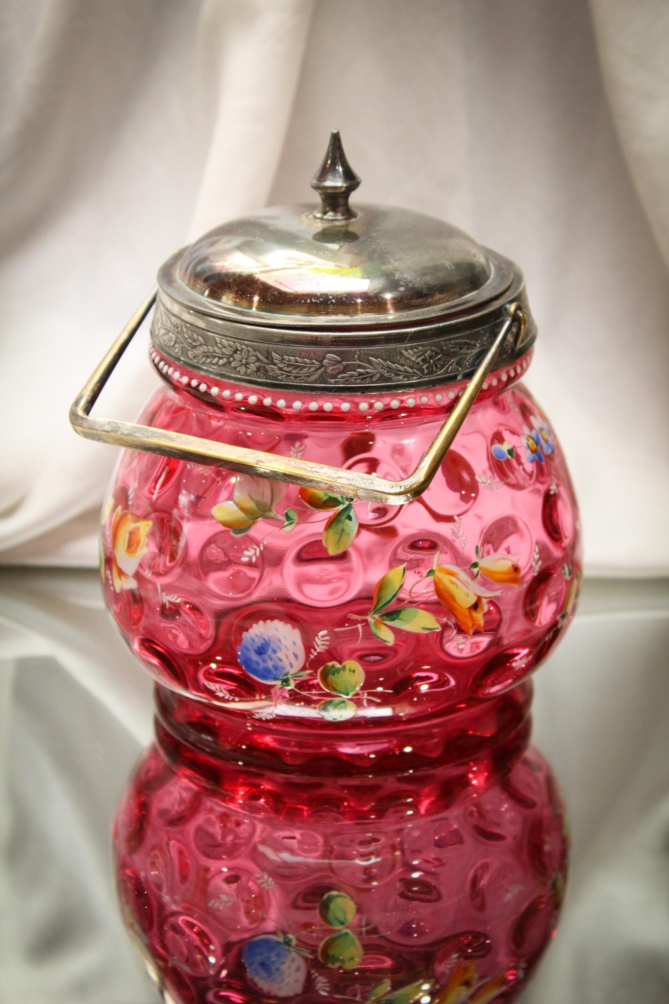 Cranberry Victorian Floral Enameled Biscuit Jar (1 of 6)