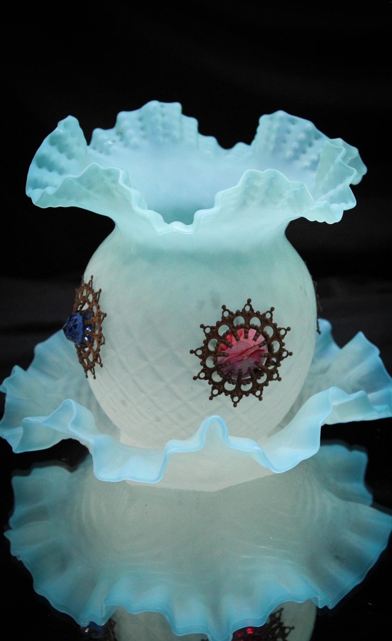 Blue Satin Victorian Diamond Quilt Jeweled Fairy Lamp: We love the fairy lamps with the jeweled insets. So nice. This one is in blue satin glass with matching base. Measures 6" tall.