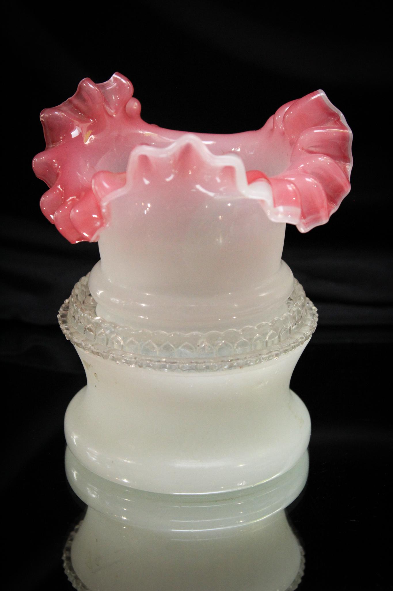 Pink Shaded Victorian Glass Fairy Lamp: Nice Victorian Fairy lamp in pink shaded to clambroth with original clambroth base. Candle cup insert is a recent Fenton. Nice size measuring in at 5 1/2" tall.