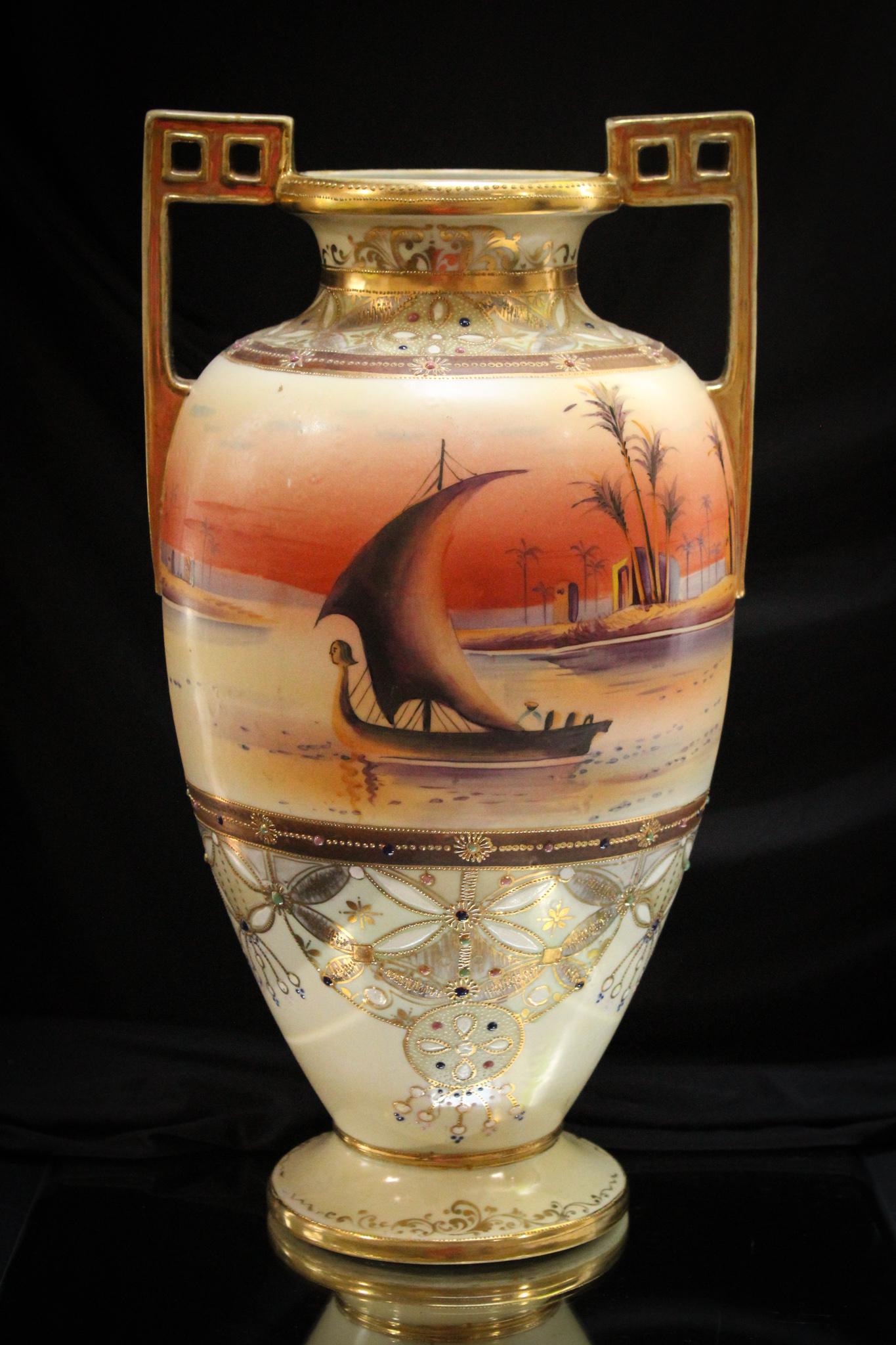 Massive 16" Nippon Blue Leaf Mark Harbor Scene Vase (1 of 9)