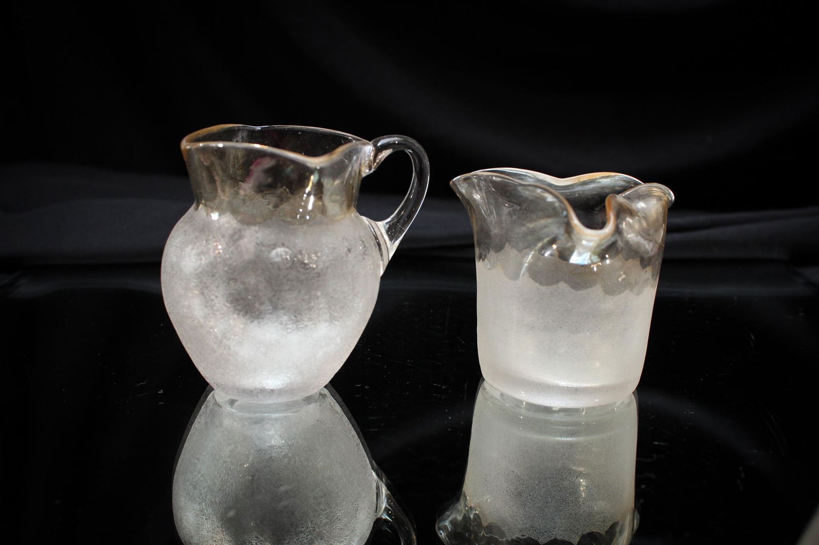New England Victorian Pomona Glass Mini Creamer & Toothpick: Such gems these are folks. A New England Pomona glass miniature creamer and tri corner tootpick holder. Each super in it's own right. Tallest measures 2 3/4".