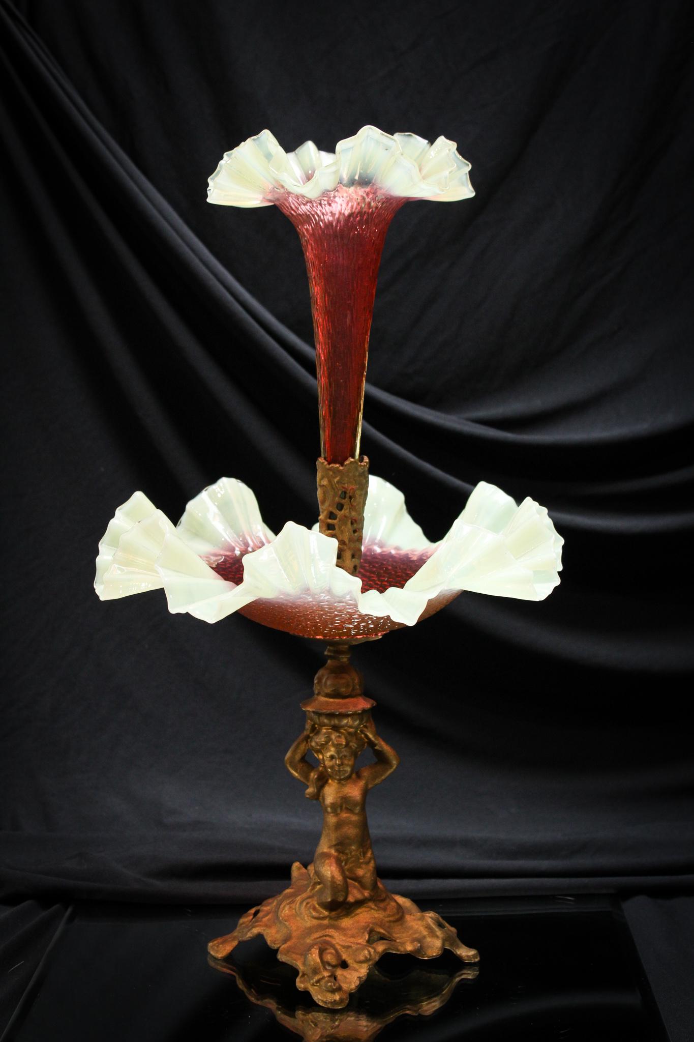 Rubina Verde Art Nouveau Figural Victorian Glass Epergne (1 of 5)