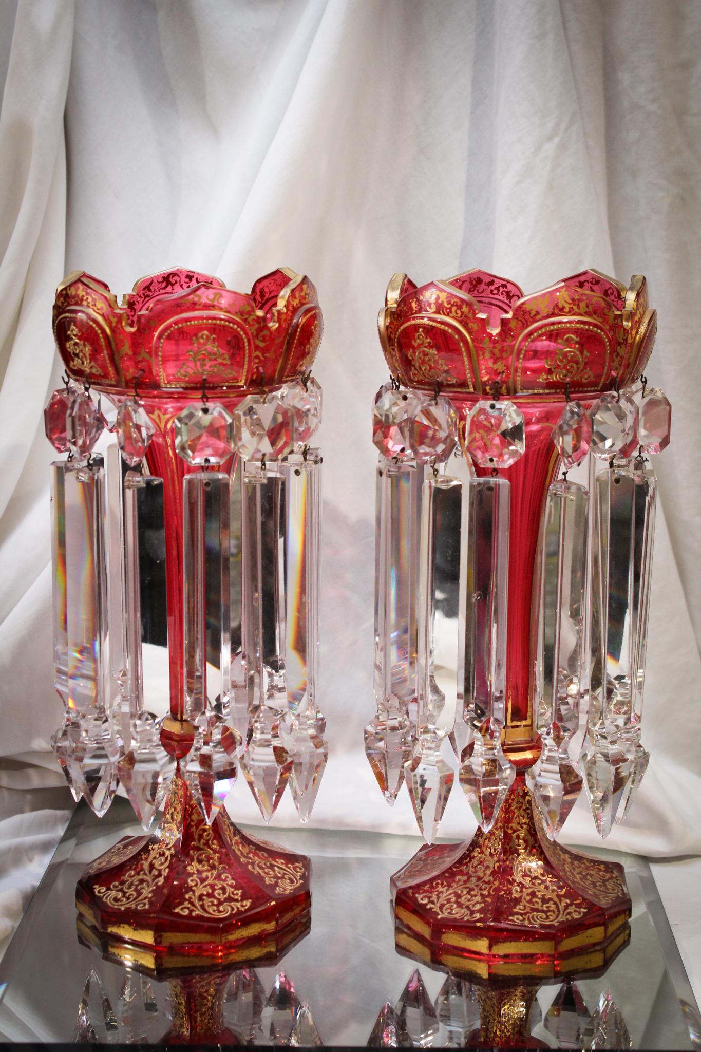 Gorgeous Pr. 15" Victorian Cranberry Glass Mantle Lustres (1 of 6)