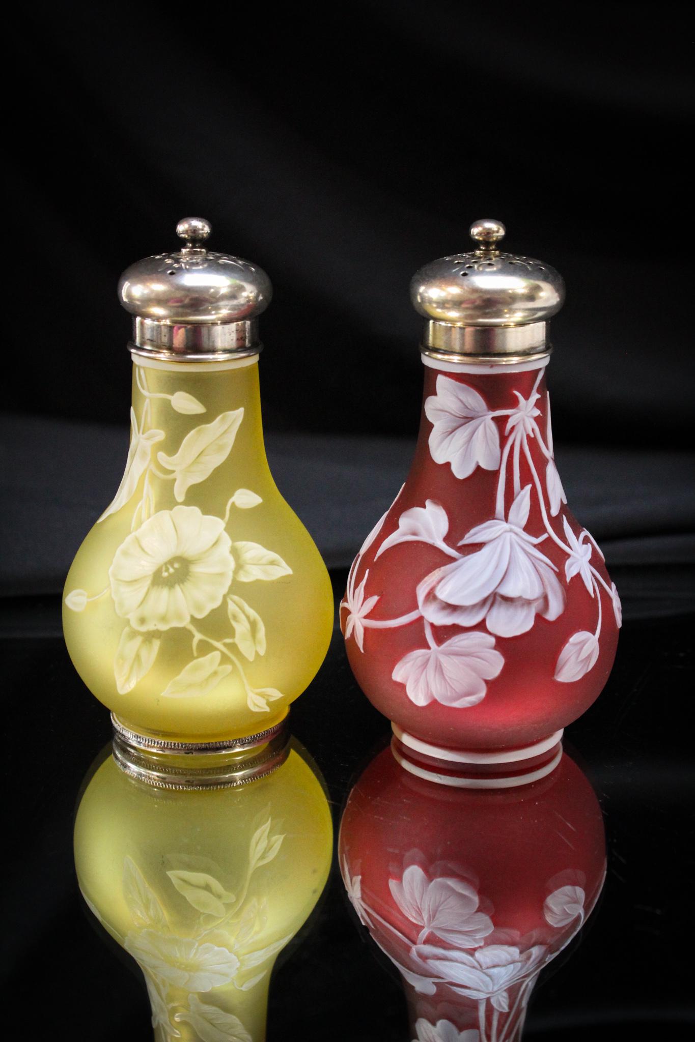 Rare Webb Victorian Cameo Glass Salt Shakers Cranberry Vaseline (1 of 8)
