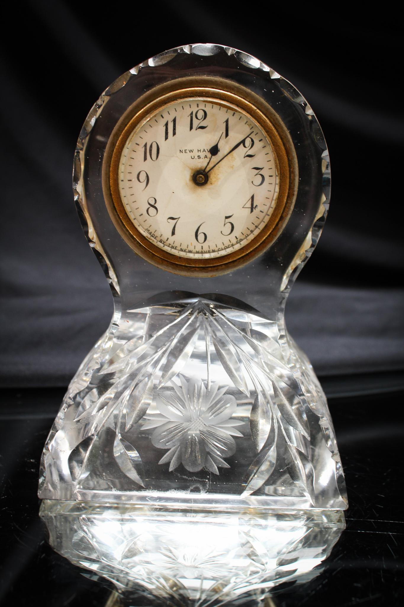 New Haven Cut Engraved Glass Antique Clock (1 of 7)