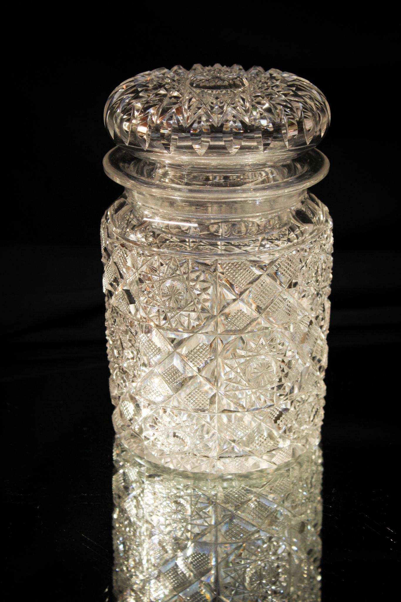 ABCG American Brilliant attributed to Sterling Brilliant Cut Glass Humidor: Brilliant cut glass humidor possibly made by Sterling. Measures 6 1/2" tall.