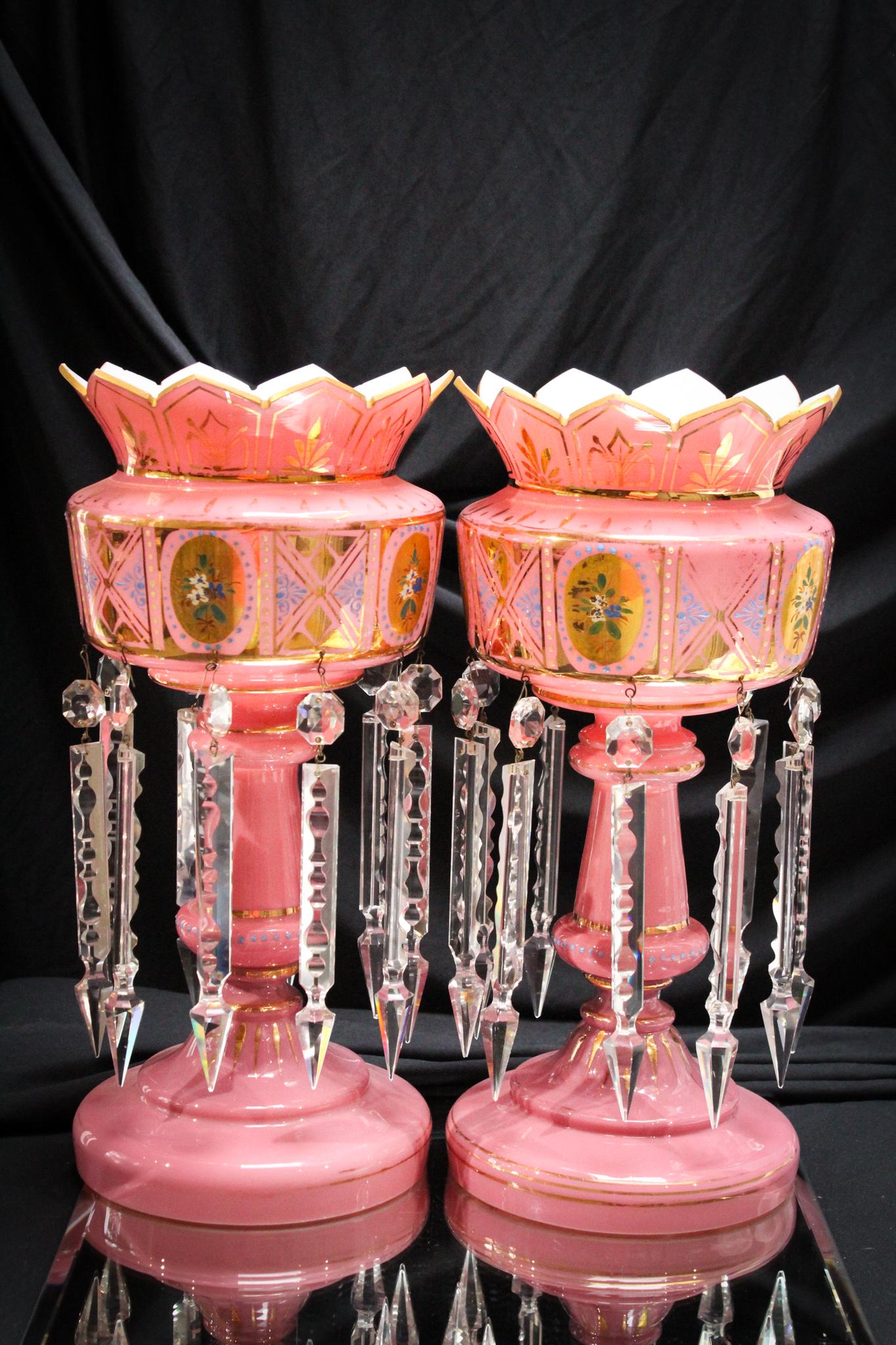 Fantastic 14" Pr. Victorian Pink Cased Glass Mantle Lustres (1 of 7)