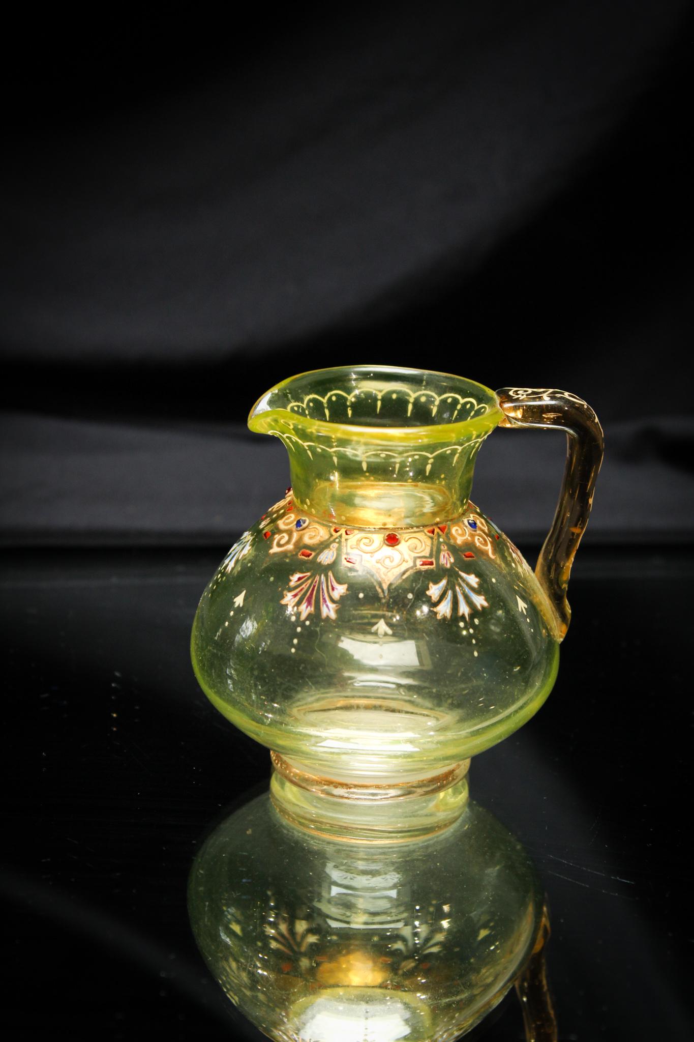 Victorian Vaseline uranium Moser style Enameled & Jeweled Creamer (1 of 4)