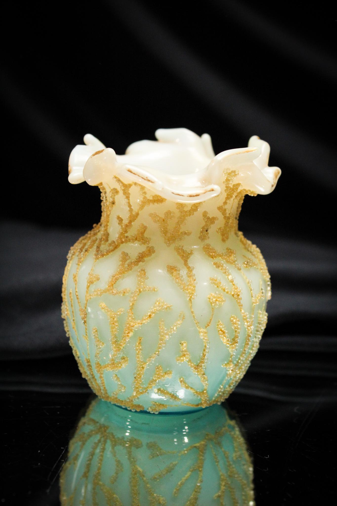 Rare Blue Shaded Coralene Decorated Toothpick Holder: What a rare one this is. How many have you seen? Beautiful example with cut fingered top and applied coralene decoration. It measures 3" tall.