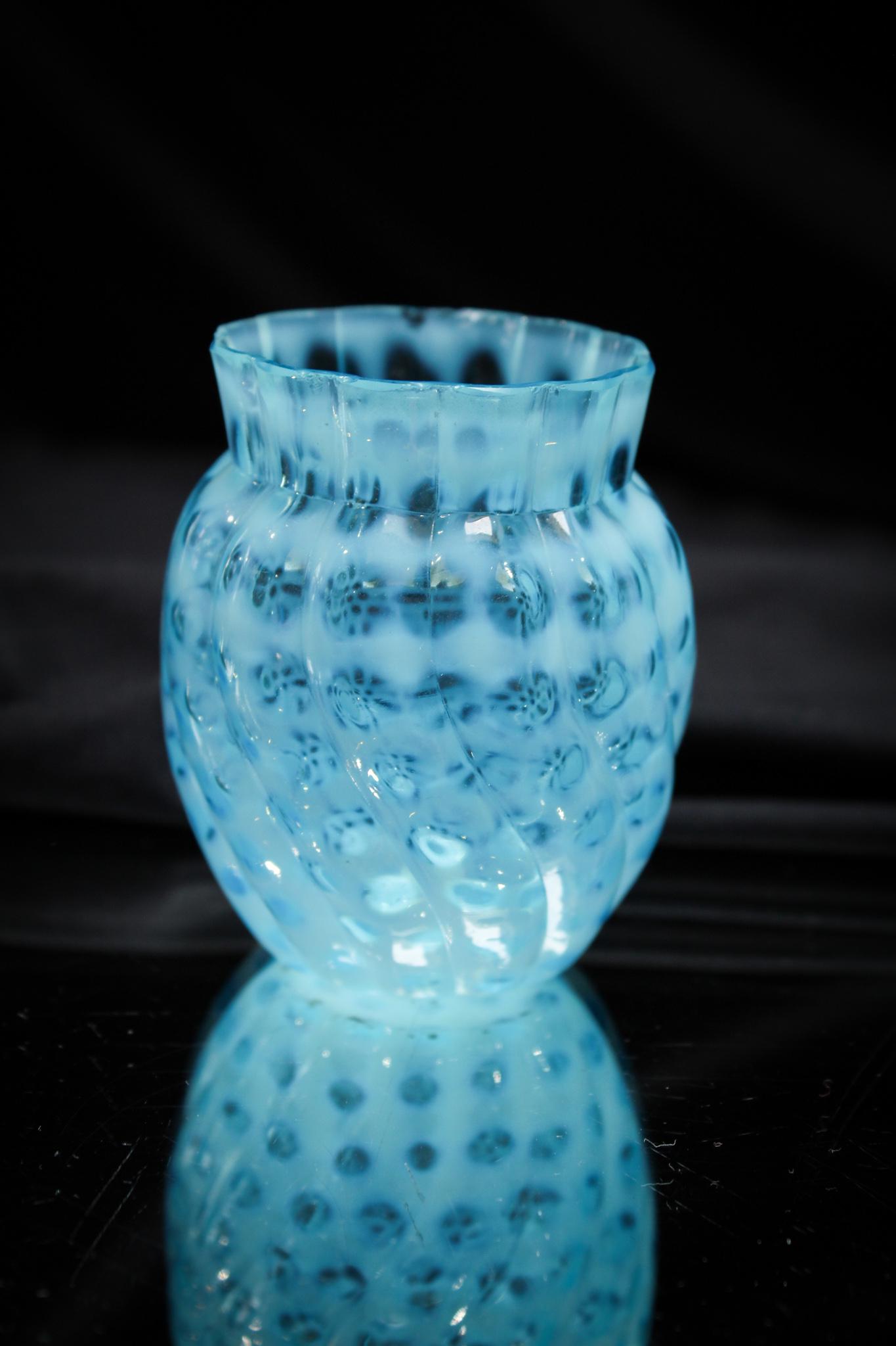 Hobb's Blue Opalescent Victorian Glass Toothpick Holder: Such a pretty piece of glass. This Hobb's pattern is always collectible. Look at the swirled design and the heavy opalescence. Nice! Measures 2 1/2" tall.