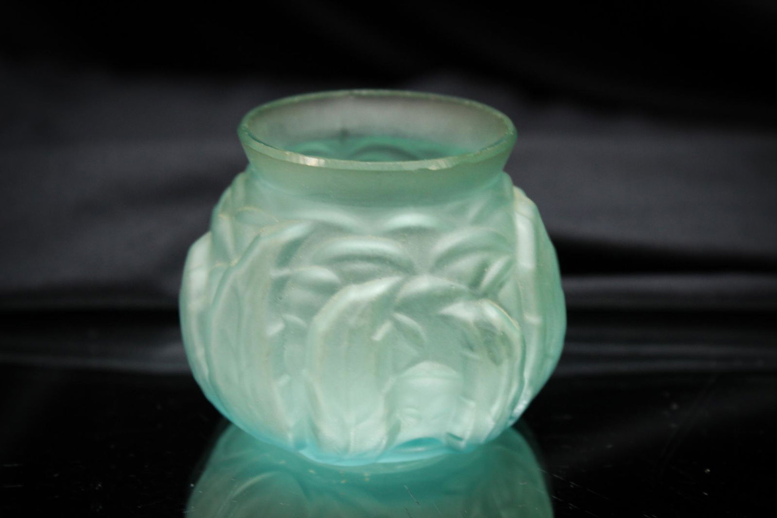 Blue Satin Leaf Mold Northwood Toothpick Holder: Northwood's popular Leaf Mold pattern is so pretty when it is in this blue color. What a great piece! It measures 2" tall.