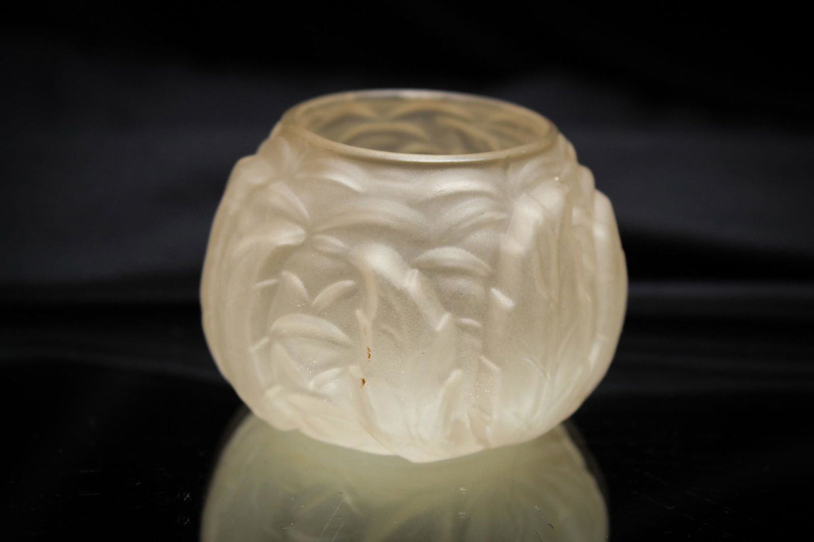 Scarce Northwood Camphor Leaf Mold Toothpick Holder: Short in stature but big in appeal, this pattern seldom is seen in the camphor satin coloring. Yes, this one has been taken down and is missing his collar, but think of it as he decided to go casual t