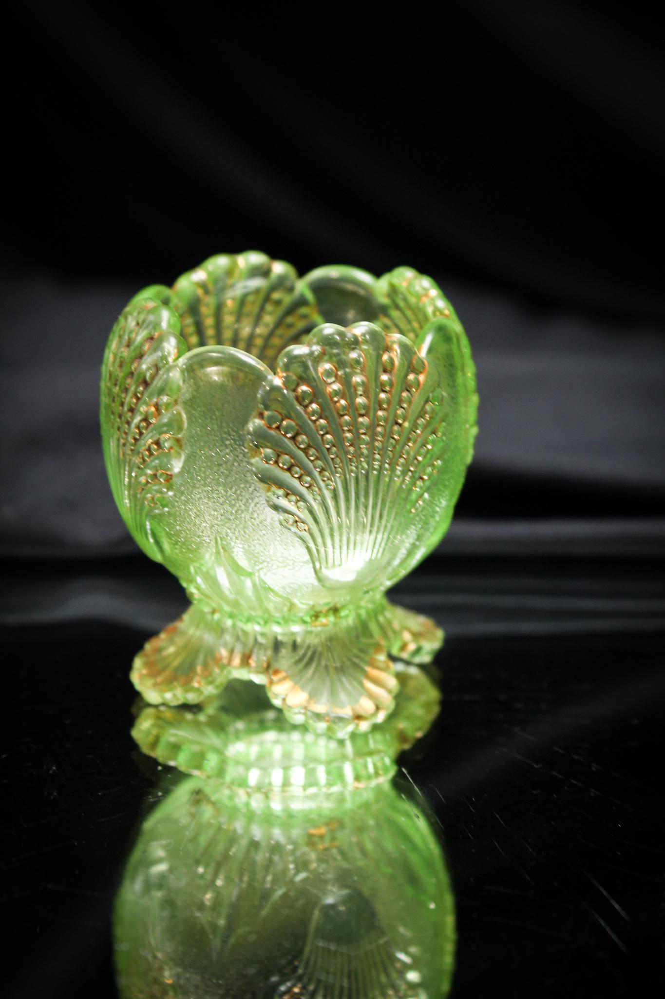 Scarce Northwood Dugan Green Gold Shell Toothpick: Another gem in our crown of wonderful toothpick holders. This is a Northwood or Dugan green with gold Shell pattern. It's a tough one folks! Measures 2 1/4" tall.