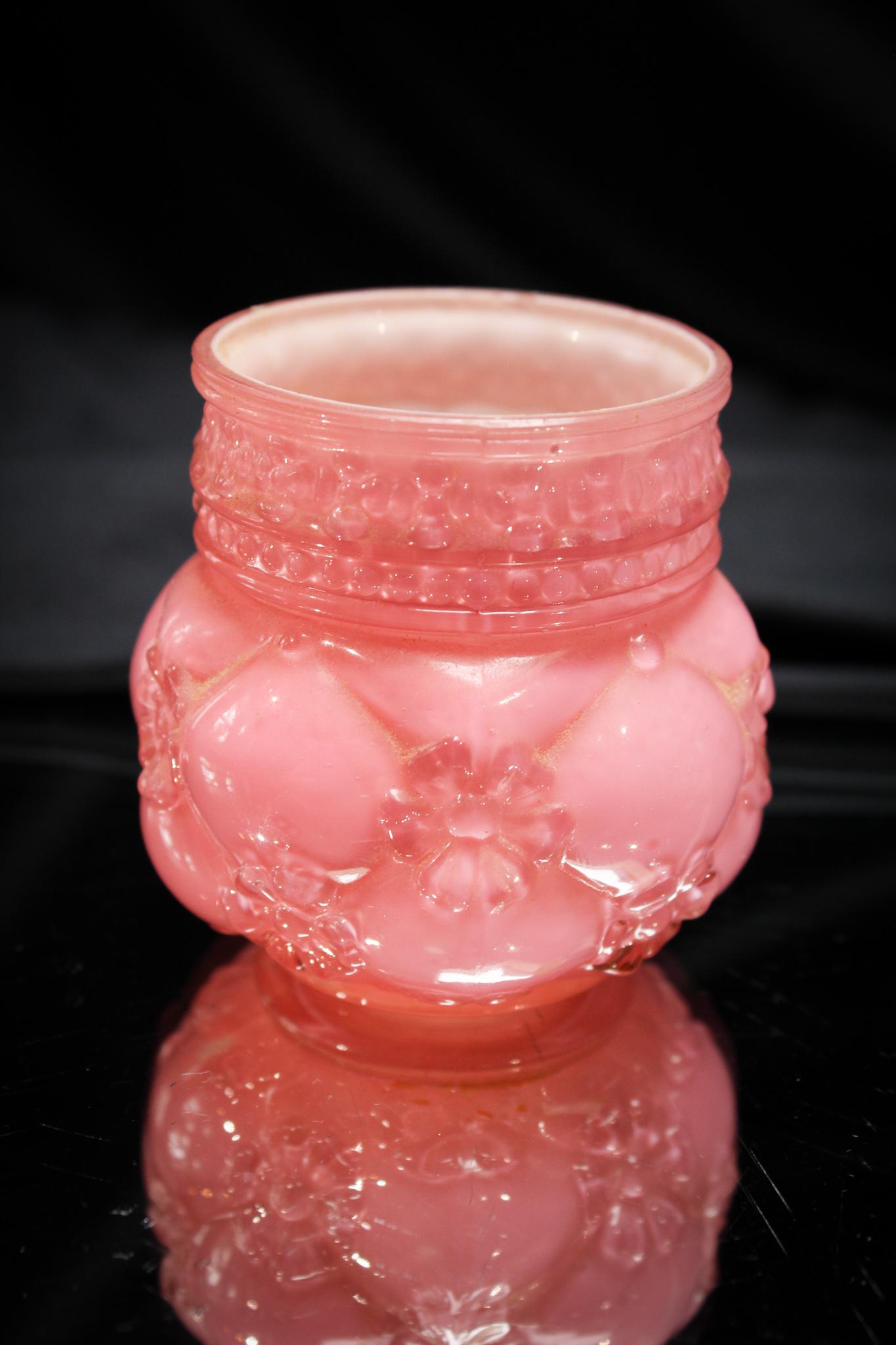 Northwood Pink Cased Quilted Phlox Toothpick Holder: Again, always a popular pattern by Northwood. This Quilted Phlox toothpick is in cased glass. A very fine example. Measures 2 1/2".