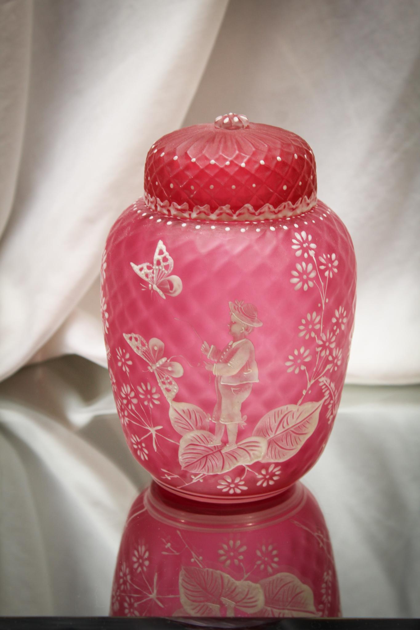 Victorian Cranberry Diamond Quilt Glass Butterfly Potpourri Jar (1 of 9)