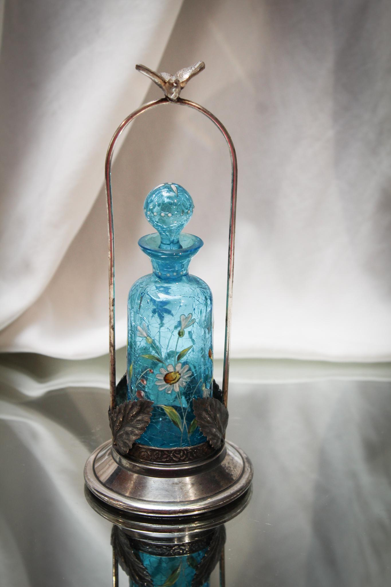 Victorian Blue Crackle Glass Enameled Silverplate Perfume (1 of 8)