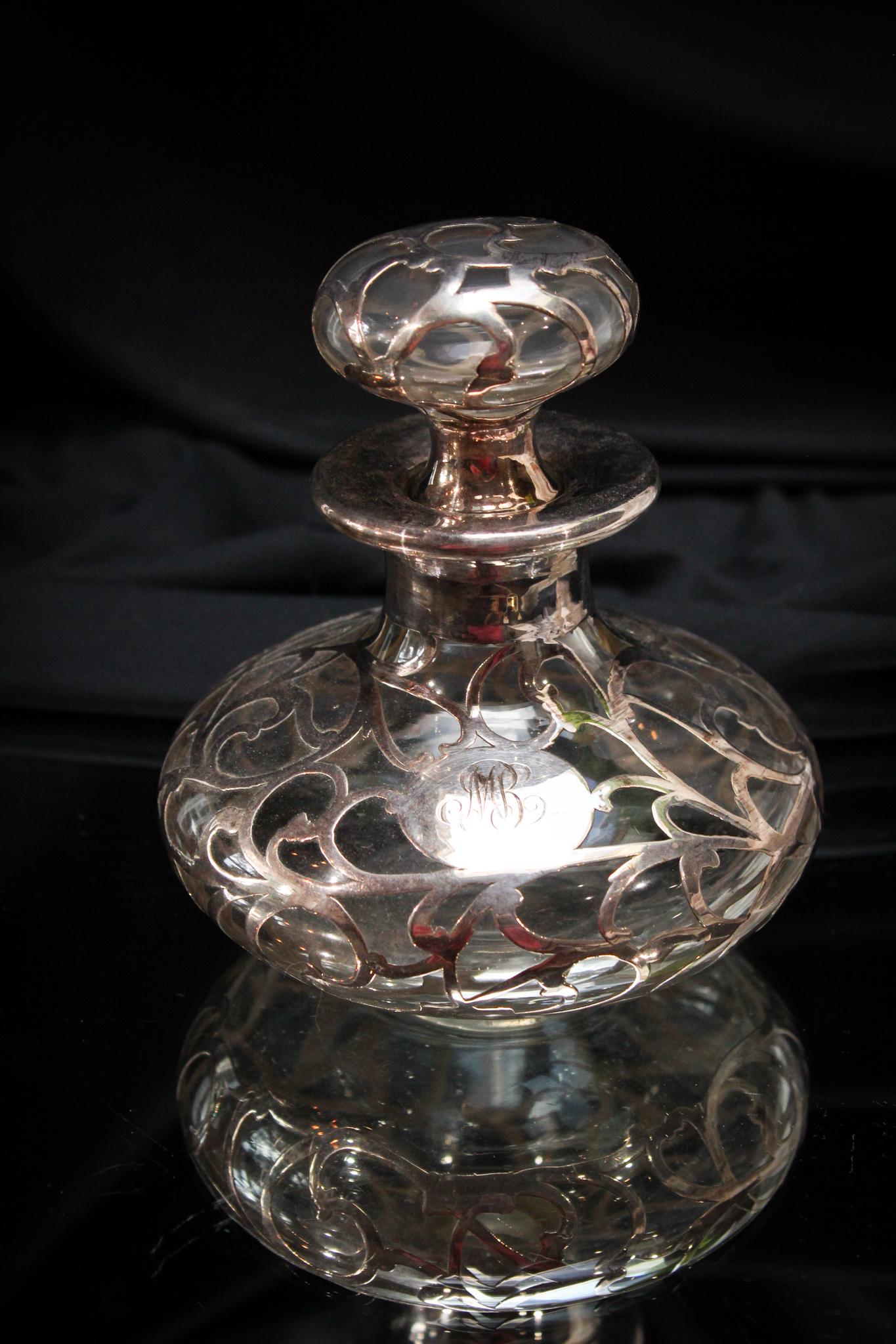 Sterling Silver Overlay Large Victorian Glass Cologne Bottle (1 of 6)