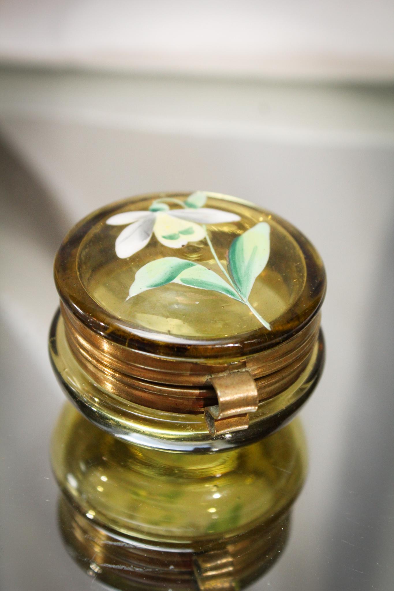 Victorian Amber Glass Enameled 1" Pill Box (1 of 3)