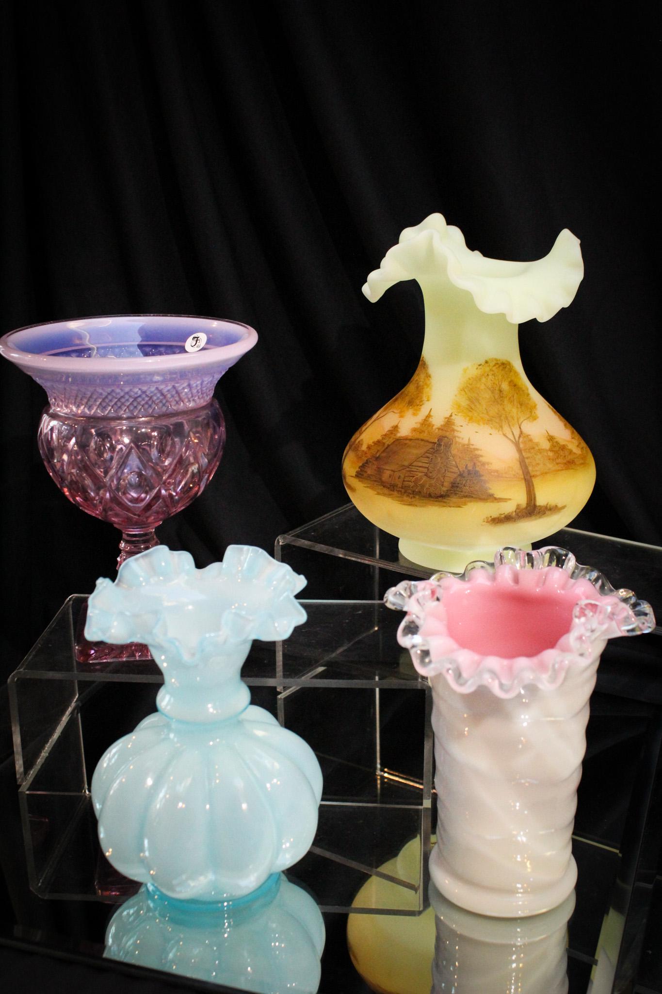 4 pc Lot Fenton Art Glass Vase Assortment: One, two, three, and four. You counted them. All the joy for the holiday season packed into this super assortment of loveliness. Pure subtle loveliness folks. Tallest measures 7".