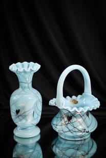 2 pc Lot Fenton Art Glass Hanging Hearts Vase & Basket: Unadulterated pureness is the best way to decribe the fondness we have for these gems. Diamonds among jewels here. These wonderful pieces make you swoon with delight and persperation. The best of