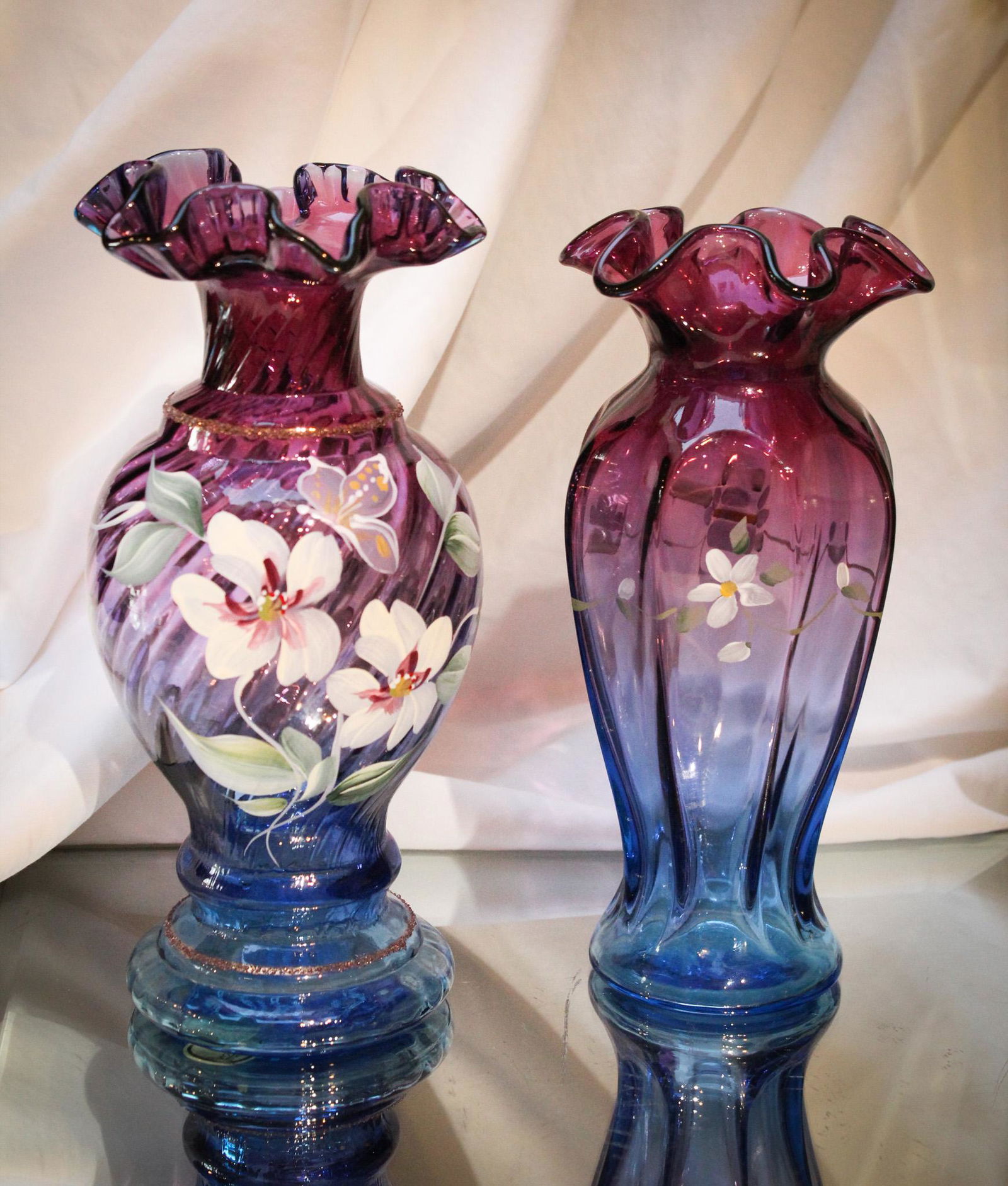 2 pc Lot Fenton Art Glass Mulberry Decorated Vases (1 of 5)