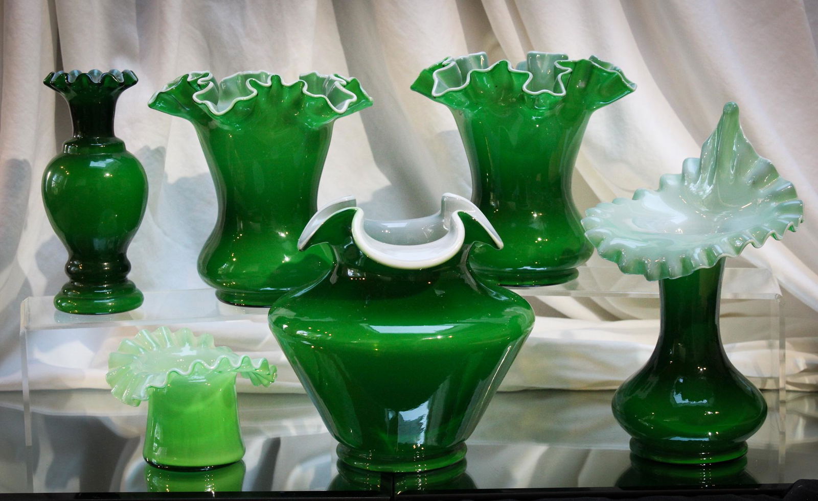Mega Magnum Lot of Fenton Green Overlay Vases (1 of 5)