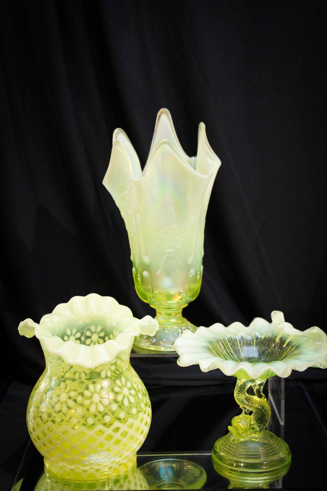 3 pc Fenton Art Glass Lot Topaz Vaseline Opalescent (1 of 7)