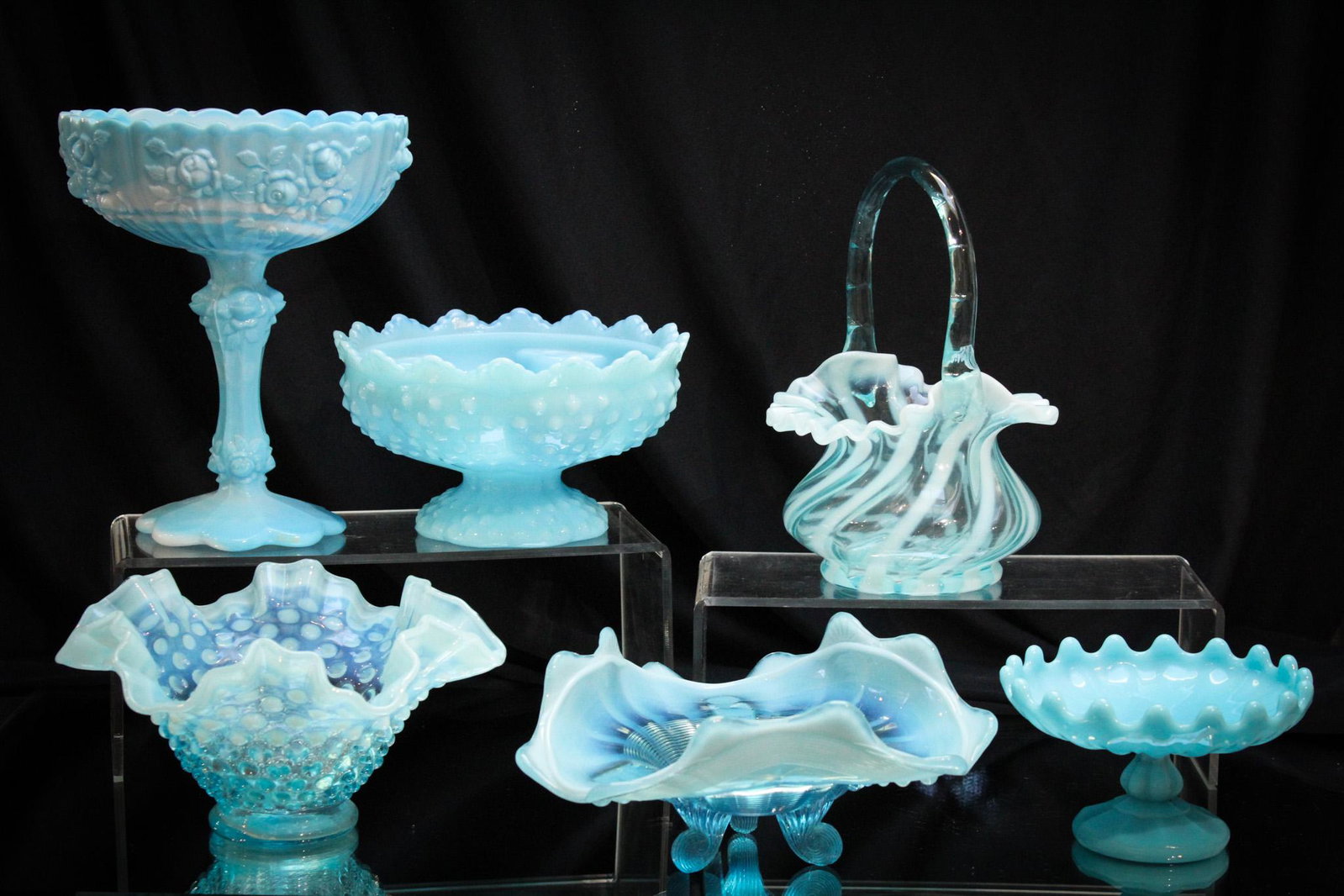 6 pc Lot Fenton Art Glass and More: Fabulous lot of Blue Fenton Art Glass and more. So much and so little time to bid. Make way for this gem of a lot on your shelves. Tallest measures 7 1/2".