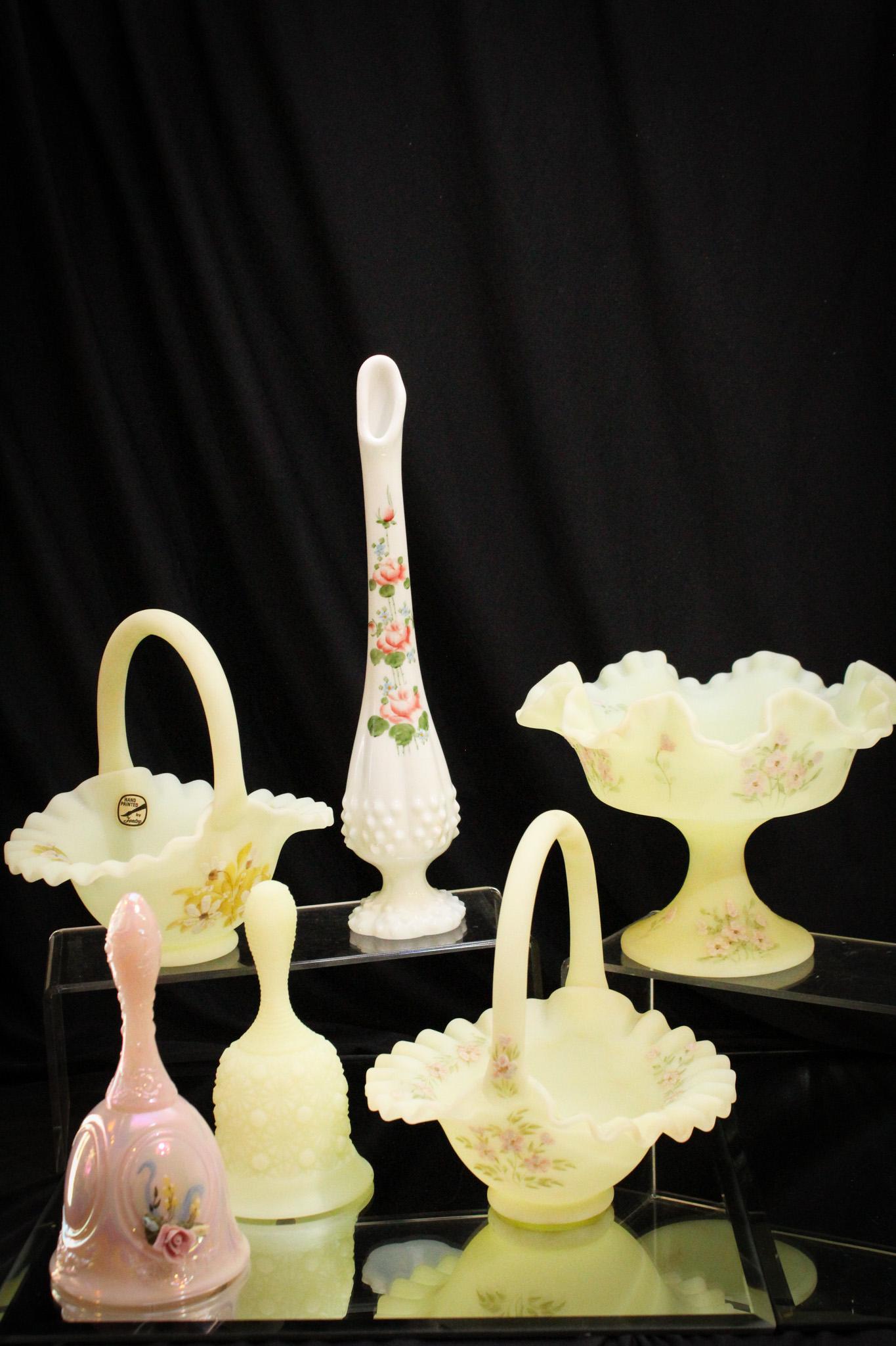 6 pc Lot Fenton Art Glass: You won't believe this lot. So much. So, so much delight in this lot. Here we have offered 6 pieces of Fenton art glass in hand painted and more. Just bid 'til you win this highly desirable and more l