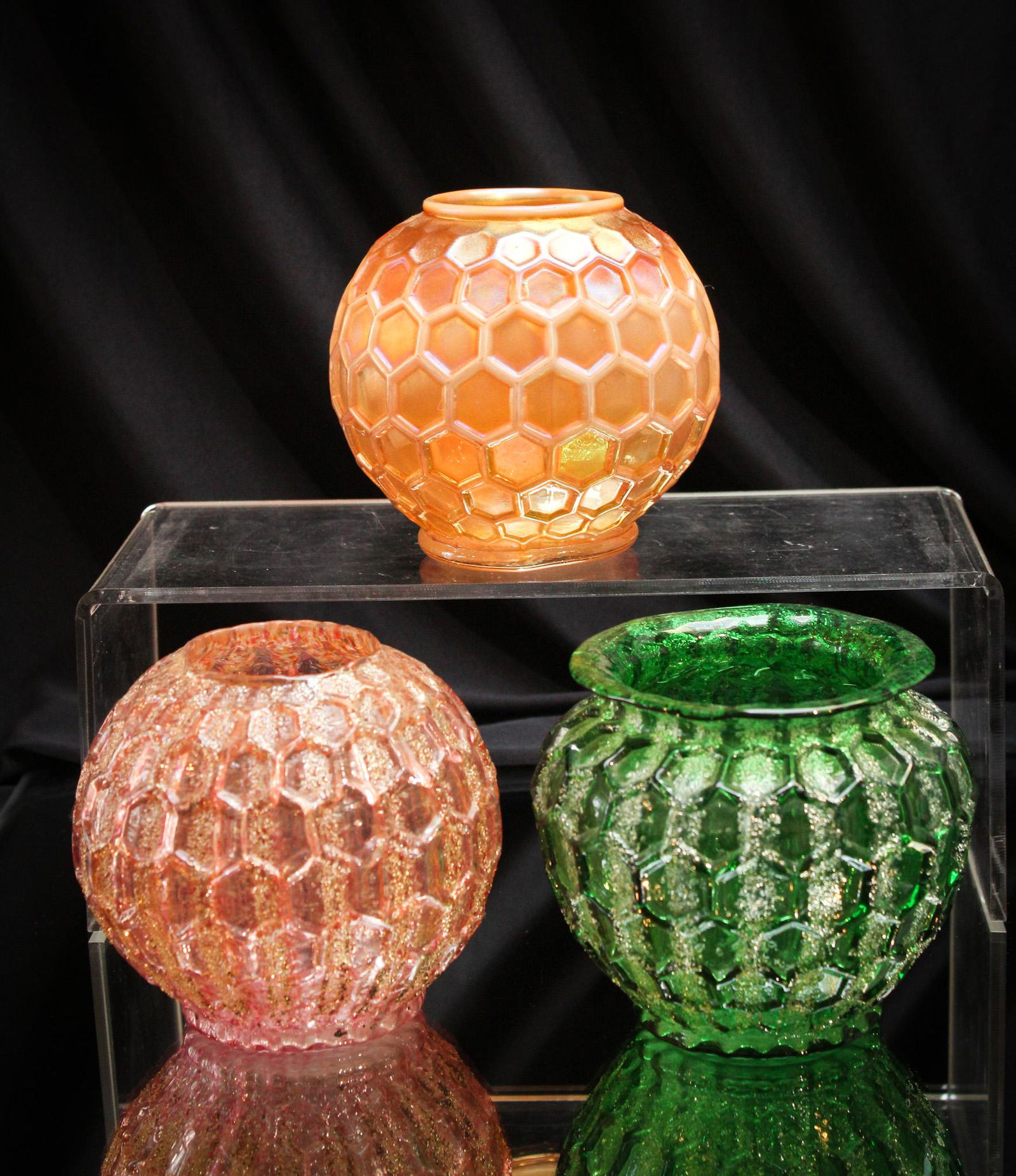 3 pc Lot Dugan Pompeiian and Peach Opalescent Art Glass: What do you get in this lot you ask? Pure unadulterated JOY. Who doesnâ€™t love a good rose bowl? This gem of a lot has it all. Tallest measures 3 3/4".